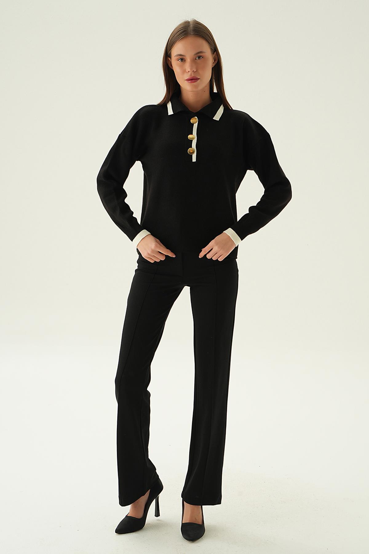 3015 Gömlek Yaka Şerit Detay Kazak Siyah - 2