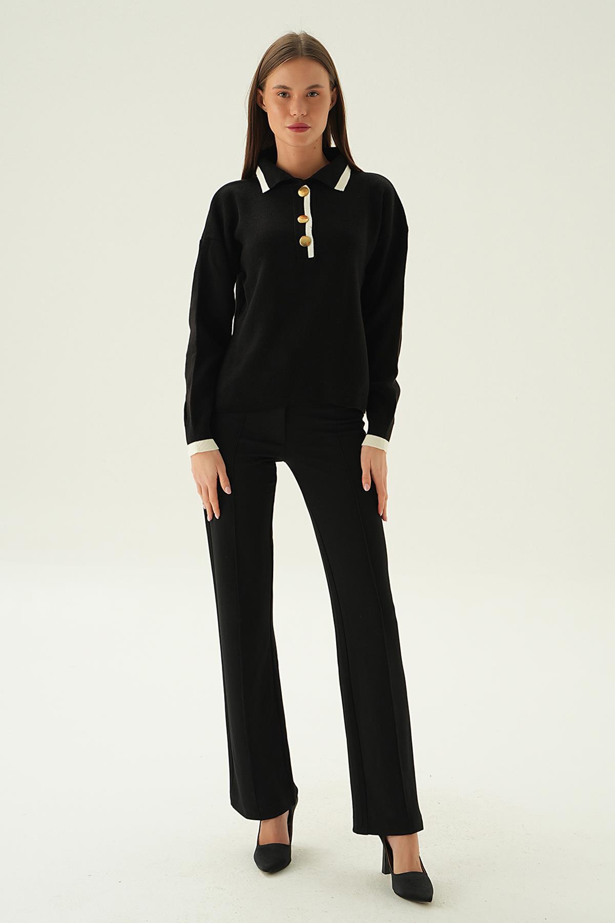 3015 Gömlek Yaka Şerit Detay Kazak Siyah - 6