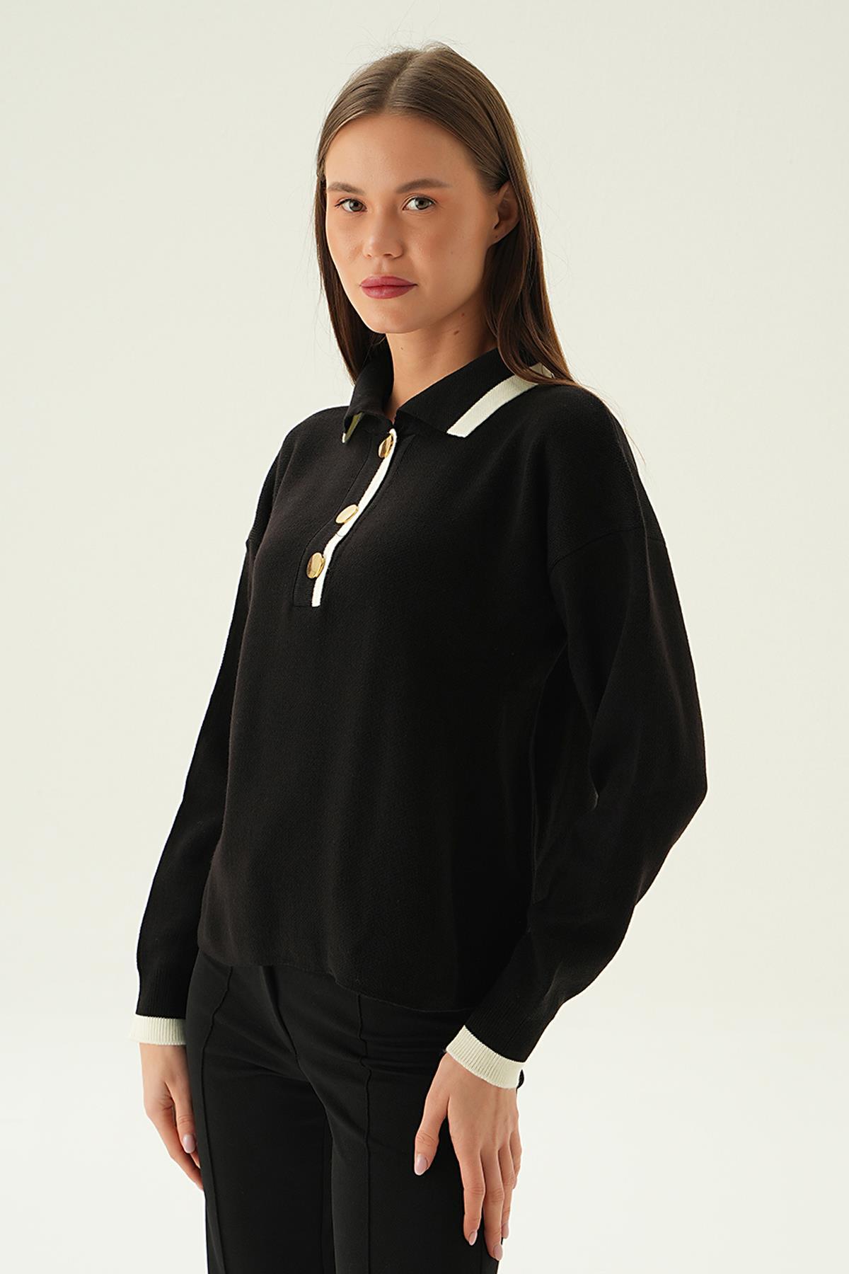 Siyah Gömlek Yaka Şerit Detay Kazak 3033 