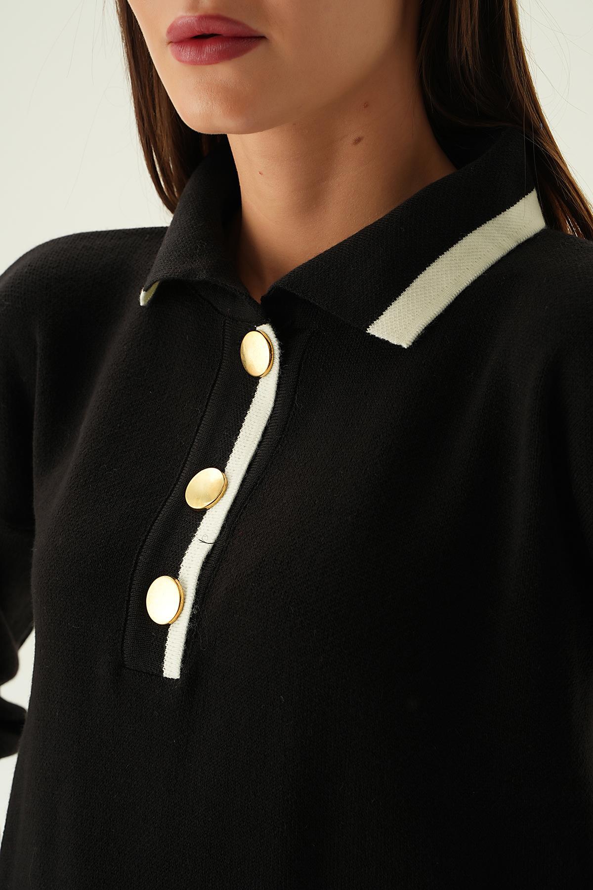 Siyah Gömlek Yaka Şerit Detay Kazak 3033 - 5