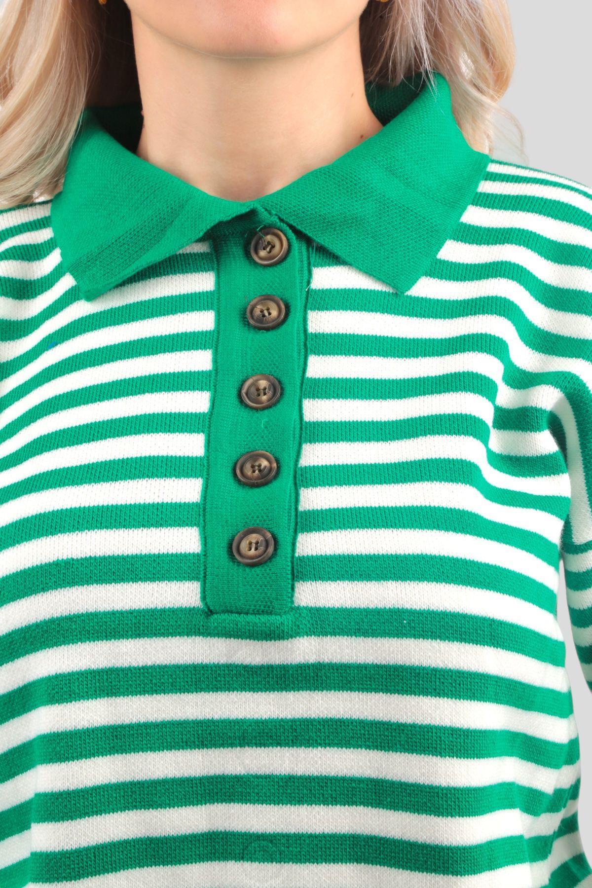 Benetton Yeşili Gömlek Yaka Düğmeli Kazak 3016 - 2