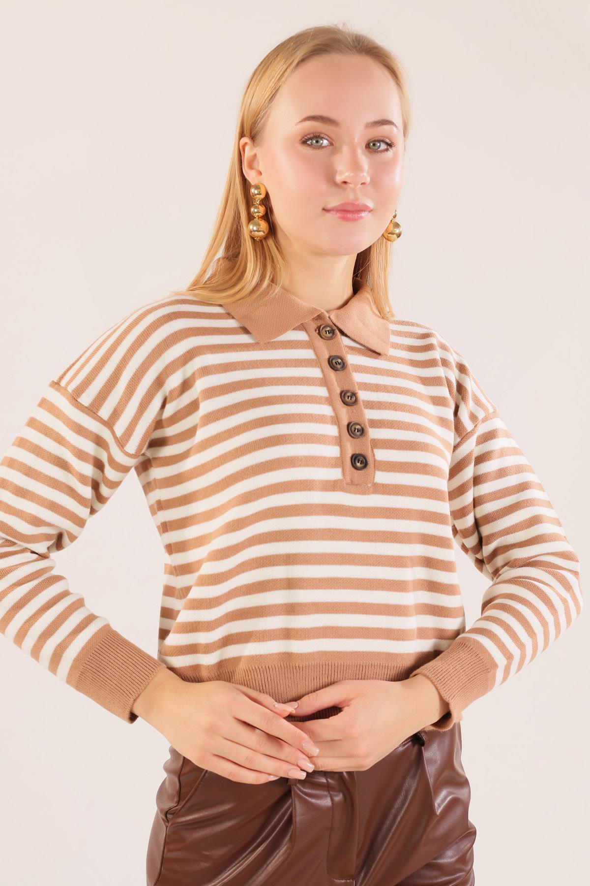 Bisküvi Gömlek Yaka Düğmeli Kazak 3016 