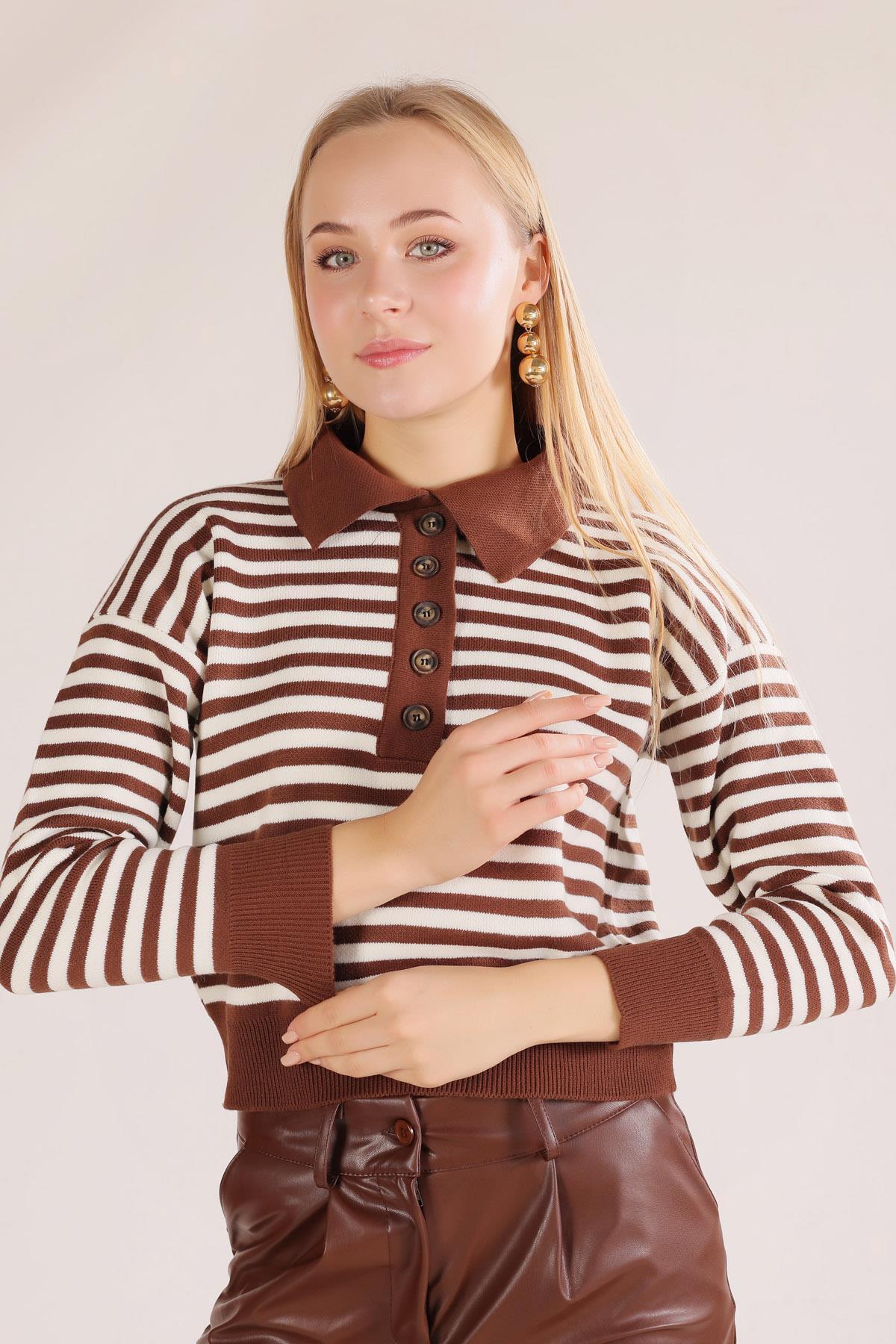 3016 Gömlek Yaka Düğmeli Kazak Kahve - 2