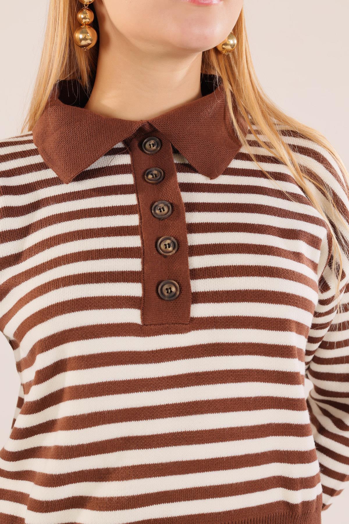 Kahve Gömlek Yaka Düğmeli Kazak 3016 - 3