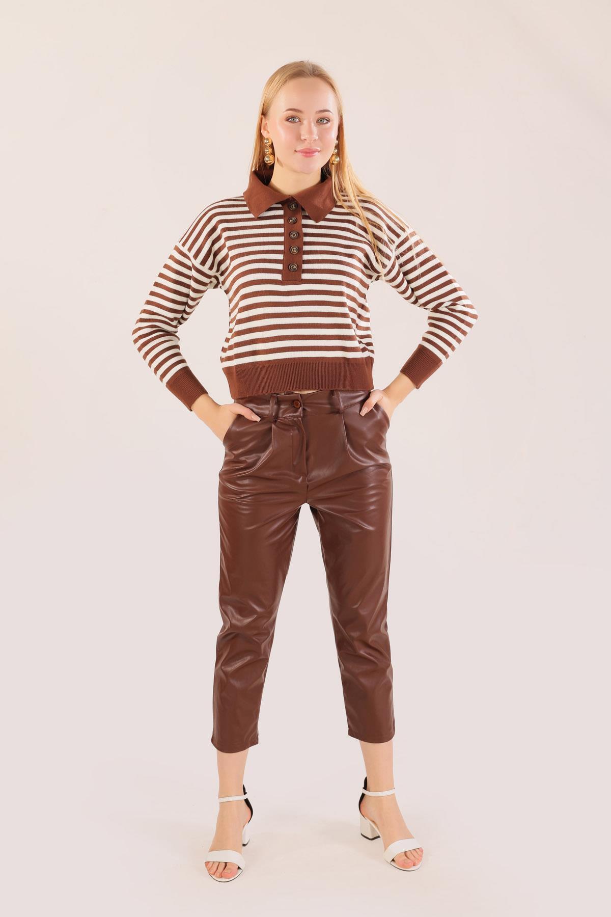 Kahve Gömlek Yaka Düğmeli Kazak 3016 - 5