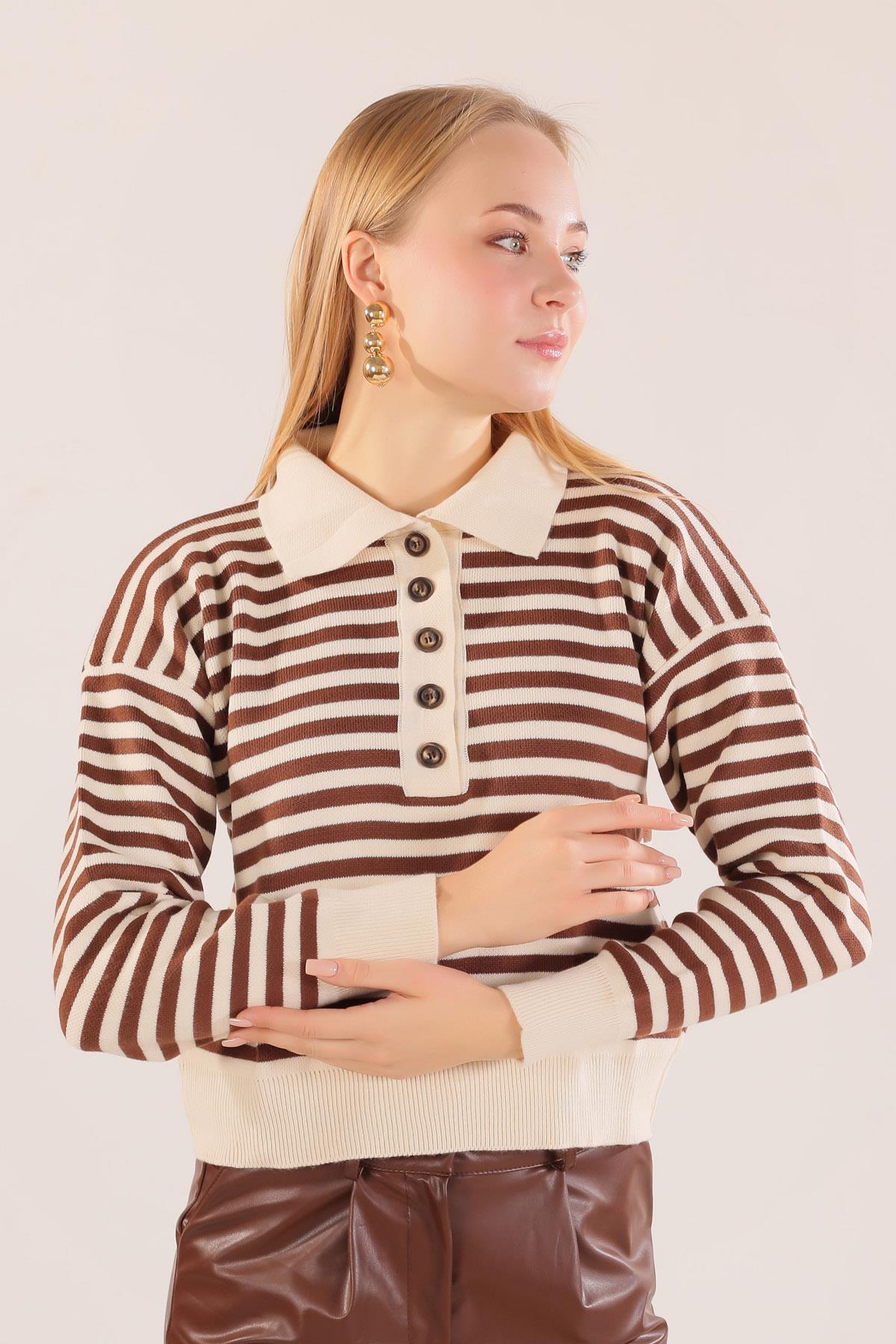 3016 Gömlek Yaka Düğmeli Kazak Krem - 2