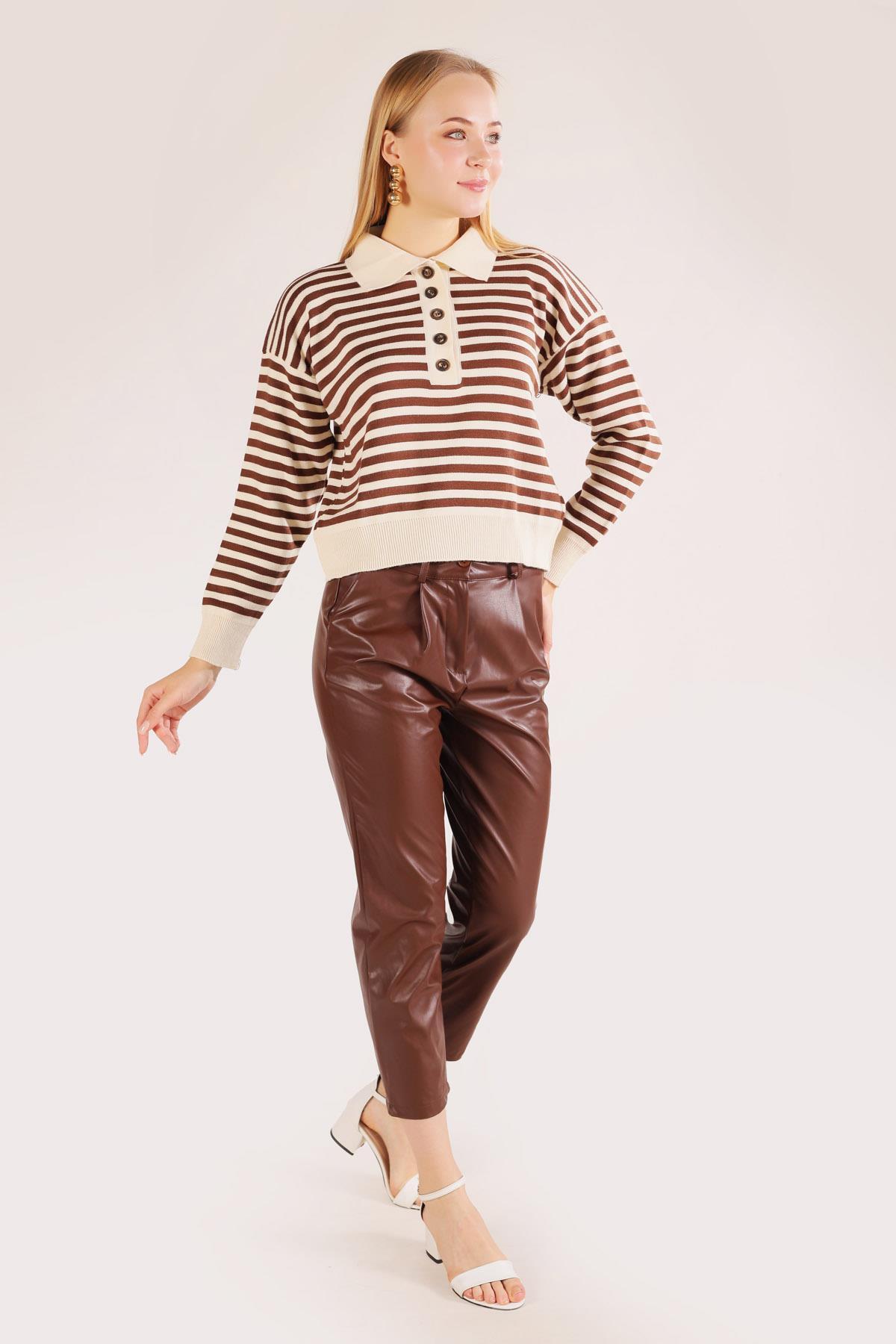 3016 Gömlek Yaka Düğmeli Kazak Krem - 4