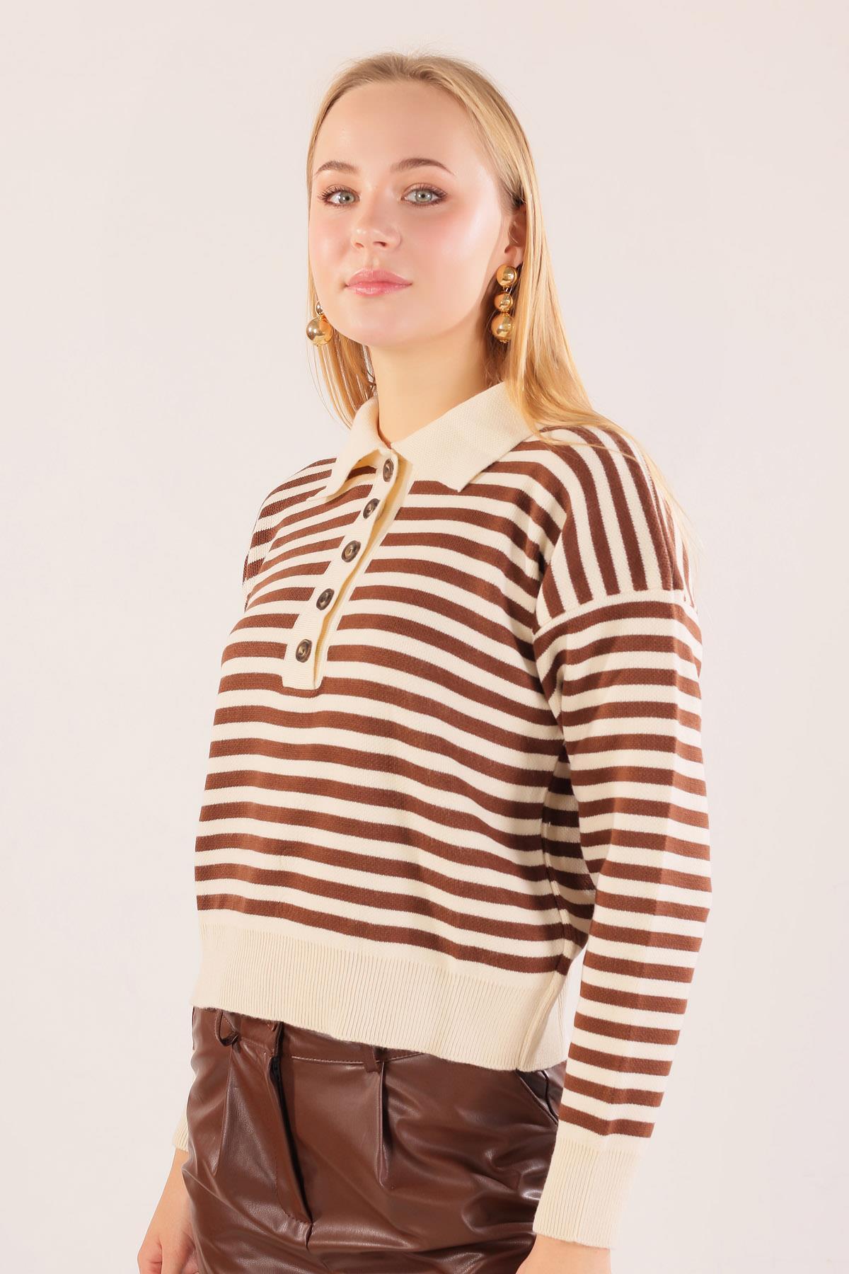 Krem Gömlek Yaka Düğmeli Kazak 3016 