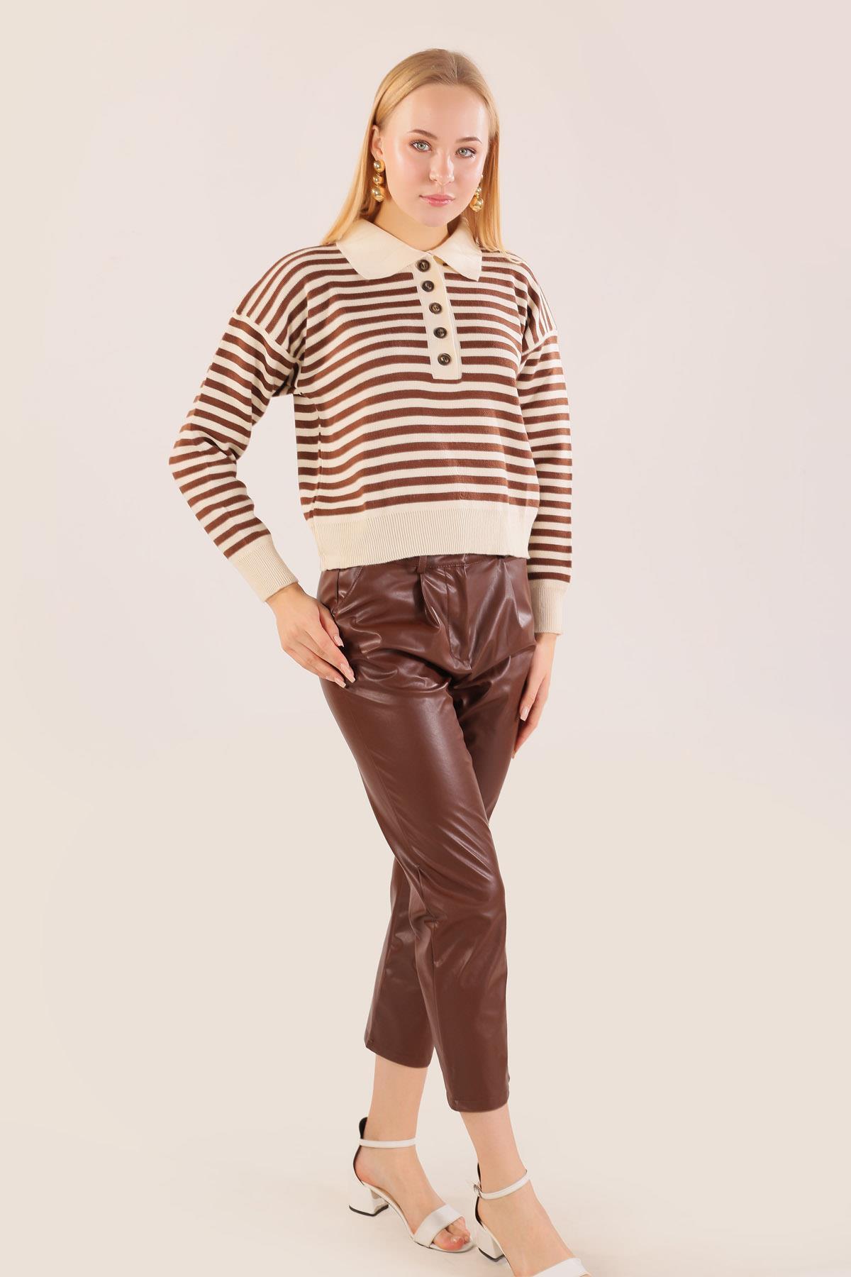 Krem Gömlek Yaka Düğmeli Kazak 3016 - 3