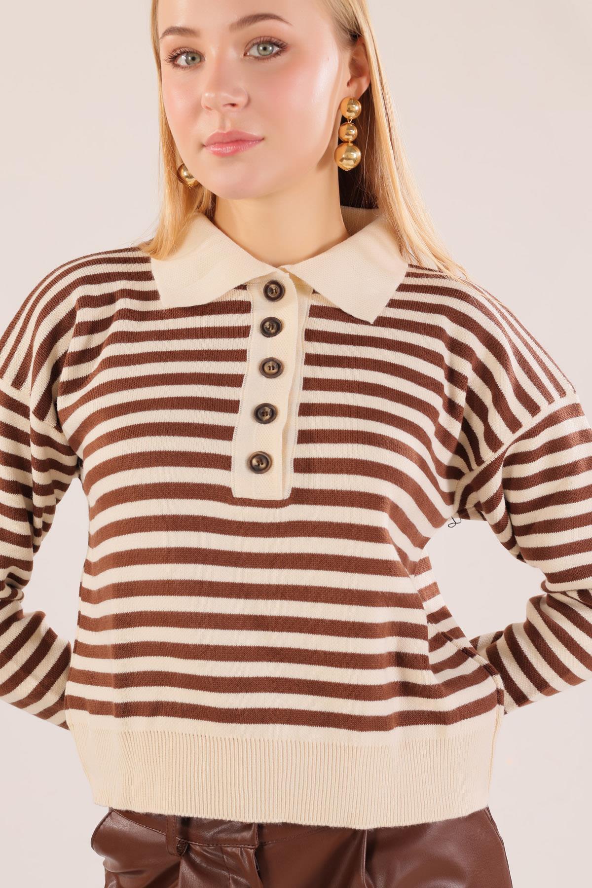 Krem Gömlek Yaka Düğmeli Kazak 3016 - 6