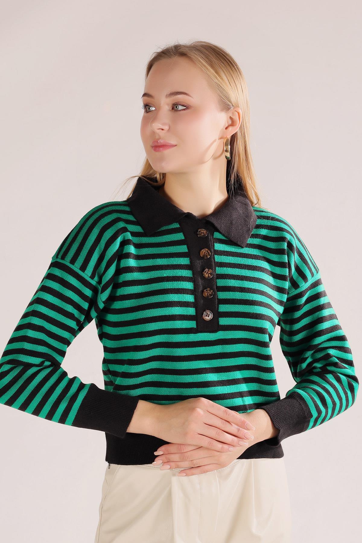 3016 Gömlek Yaka Düğmeli Kazak Siyah-Benetton - 2