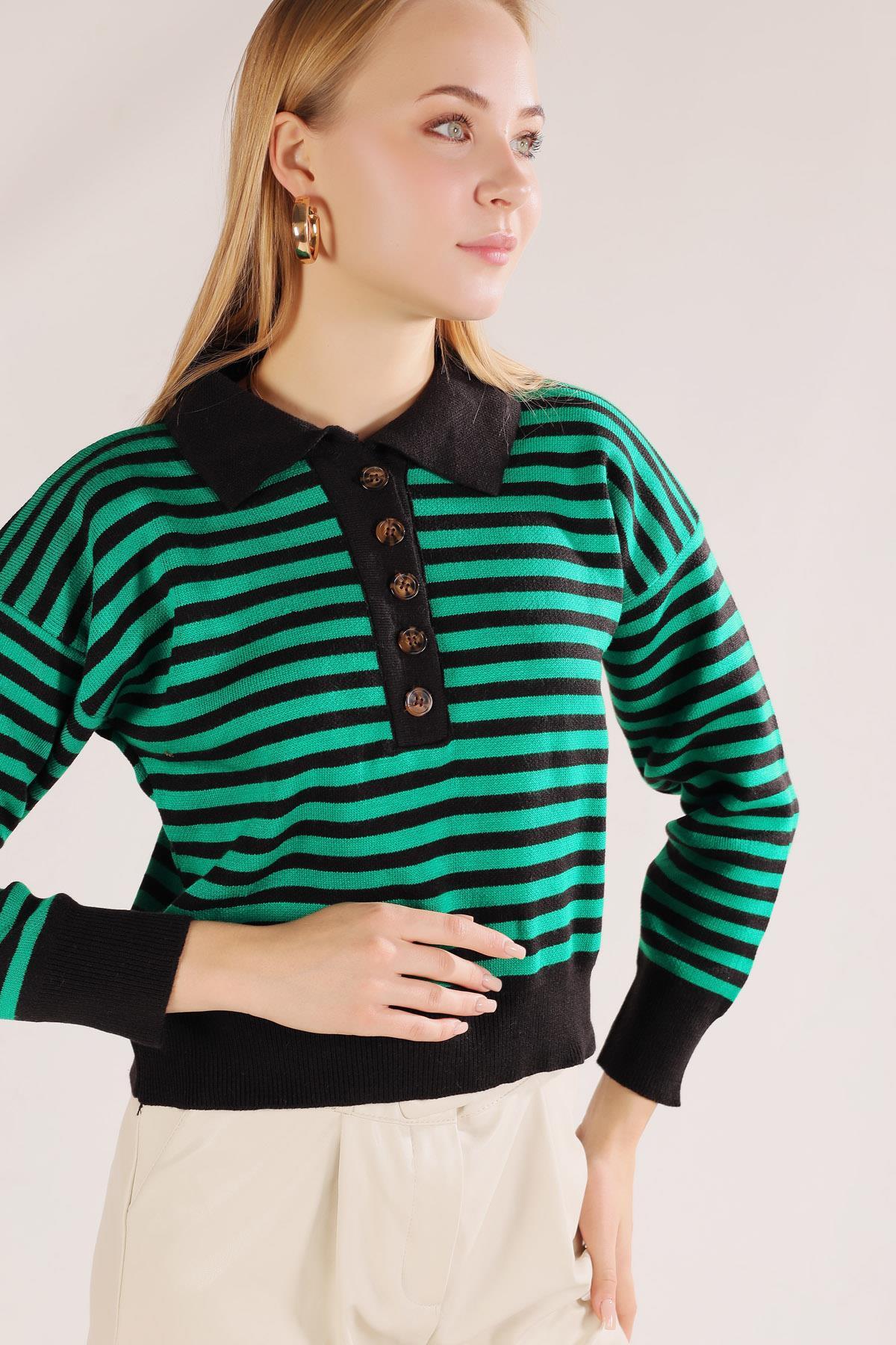 Siyah-Benetton Gömlek Yaka Düğmeli Kazak 3016 - 1