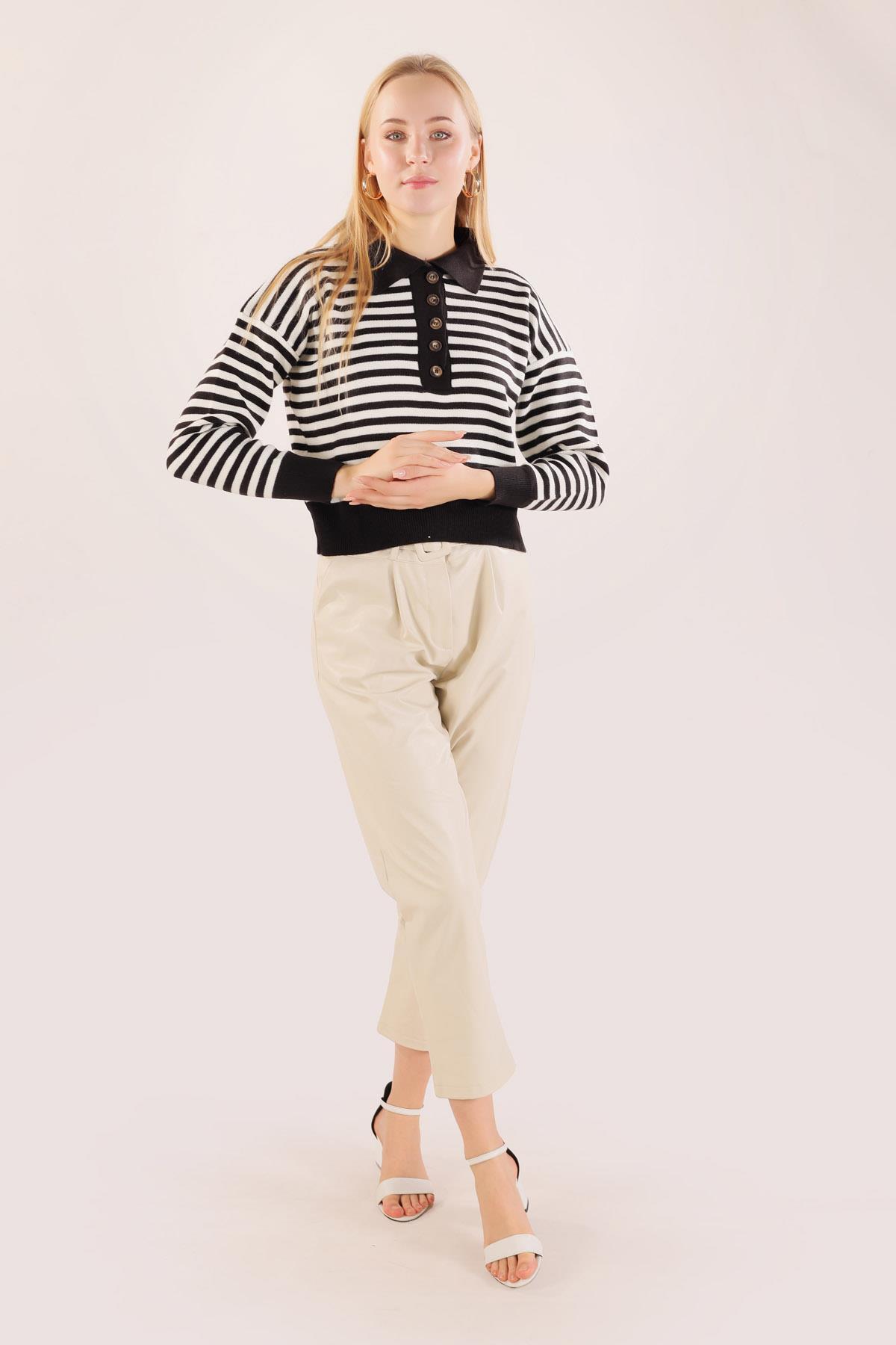 3016 Gömlek Yaka Düğmeli Kazak Siyah-Beyaz - 5