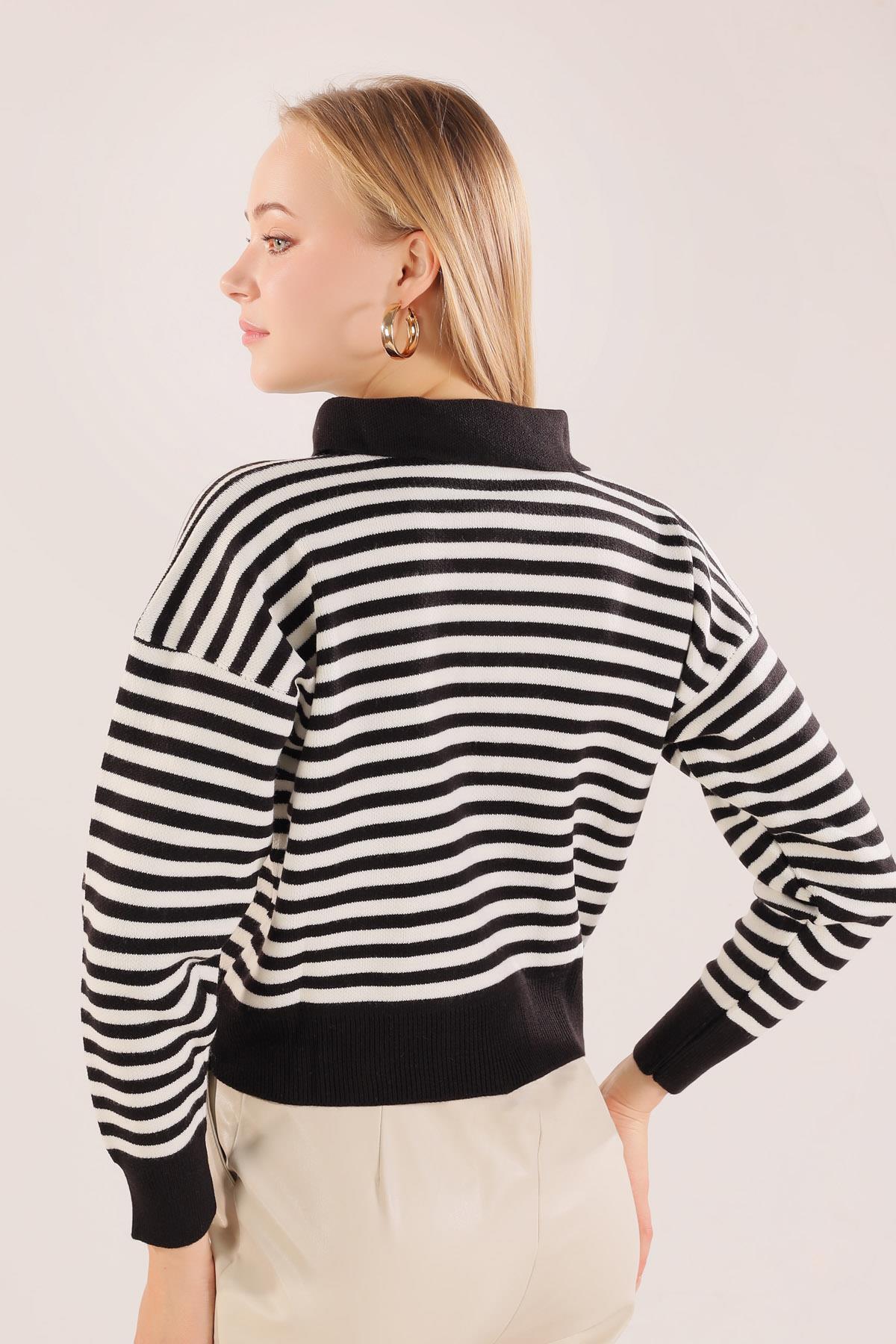 3016 Gömlek Yaka Düğmeli Kazak Siyah-Beyaz - 7