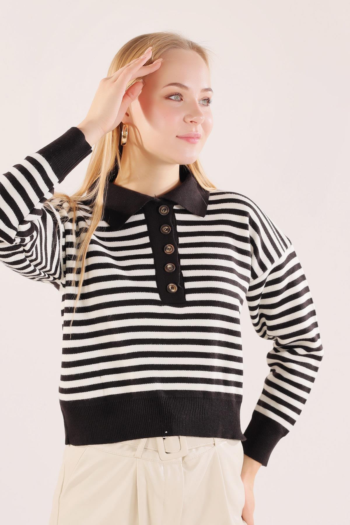 3016 Gömlek Yaka Düğmeli Kazak Siyah-Beyaz - 2