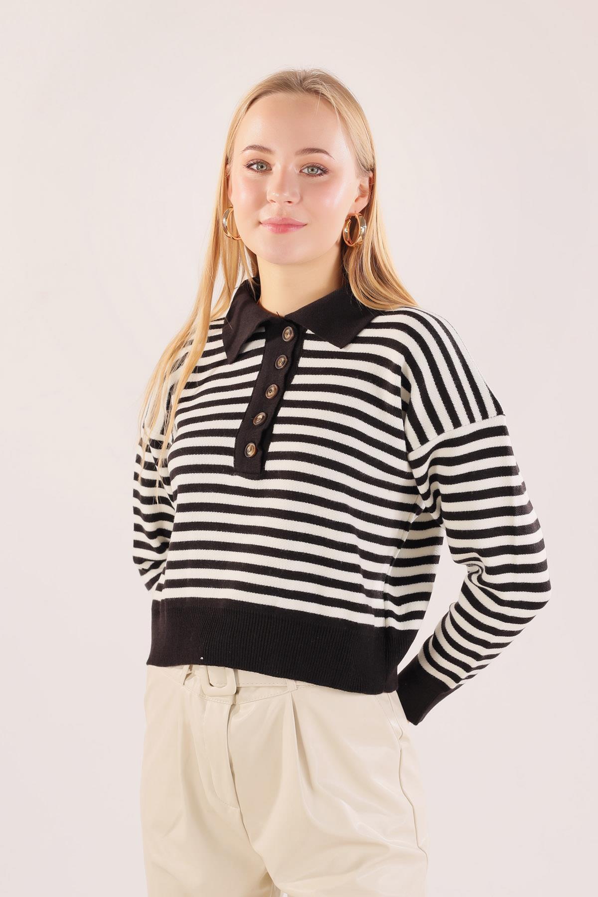 3016 Gömlek Yaka Düğmeli Kazak Siyah-Beyaz - 3