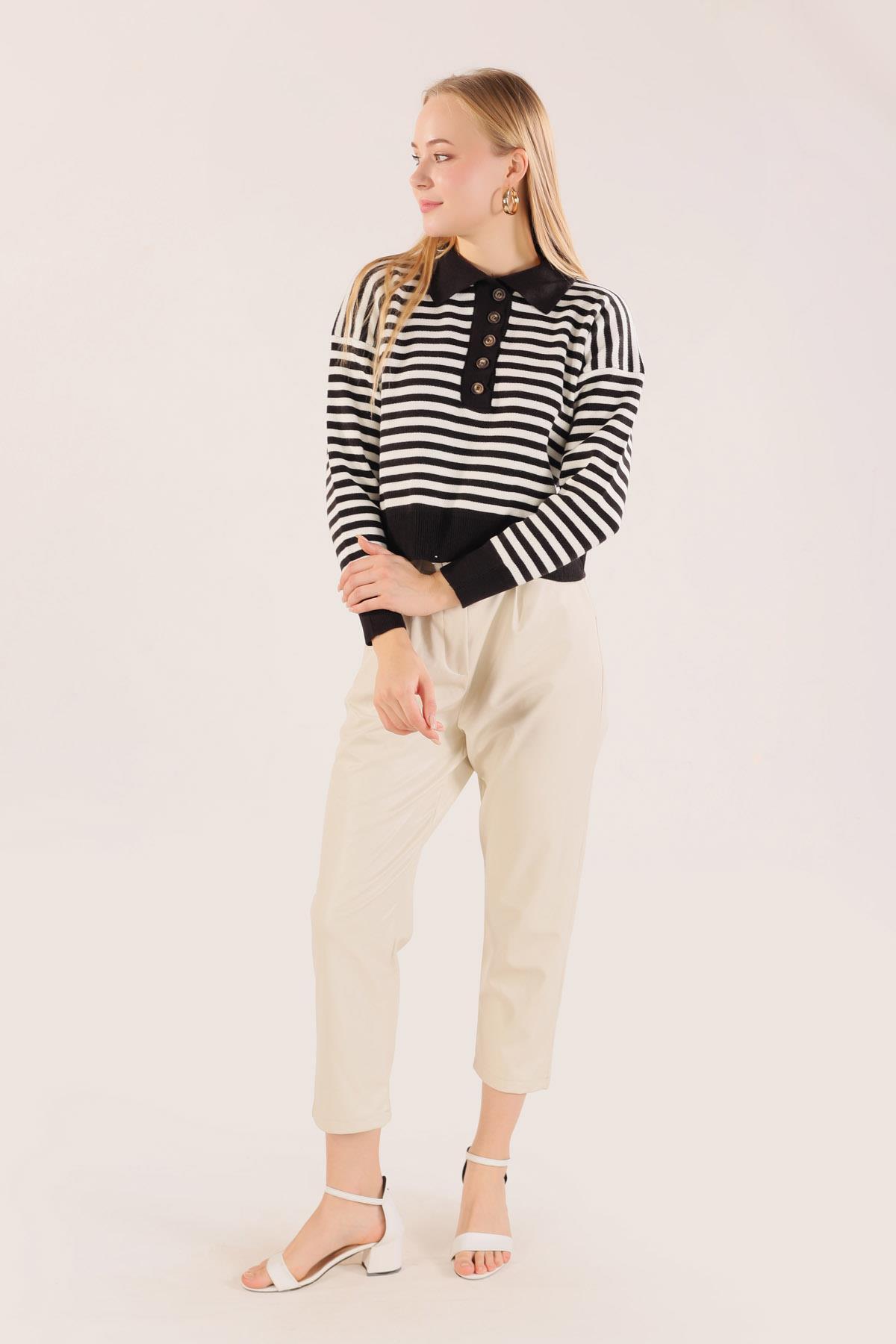 3016 Gömlek Yaka Düğmeli Kazak Siyah-Beyaz - 4