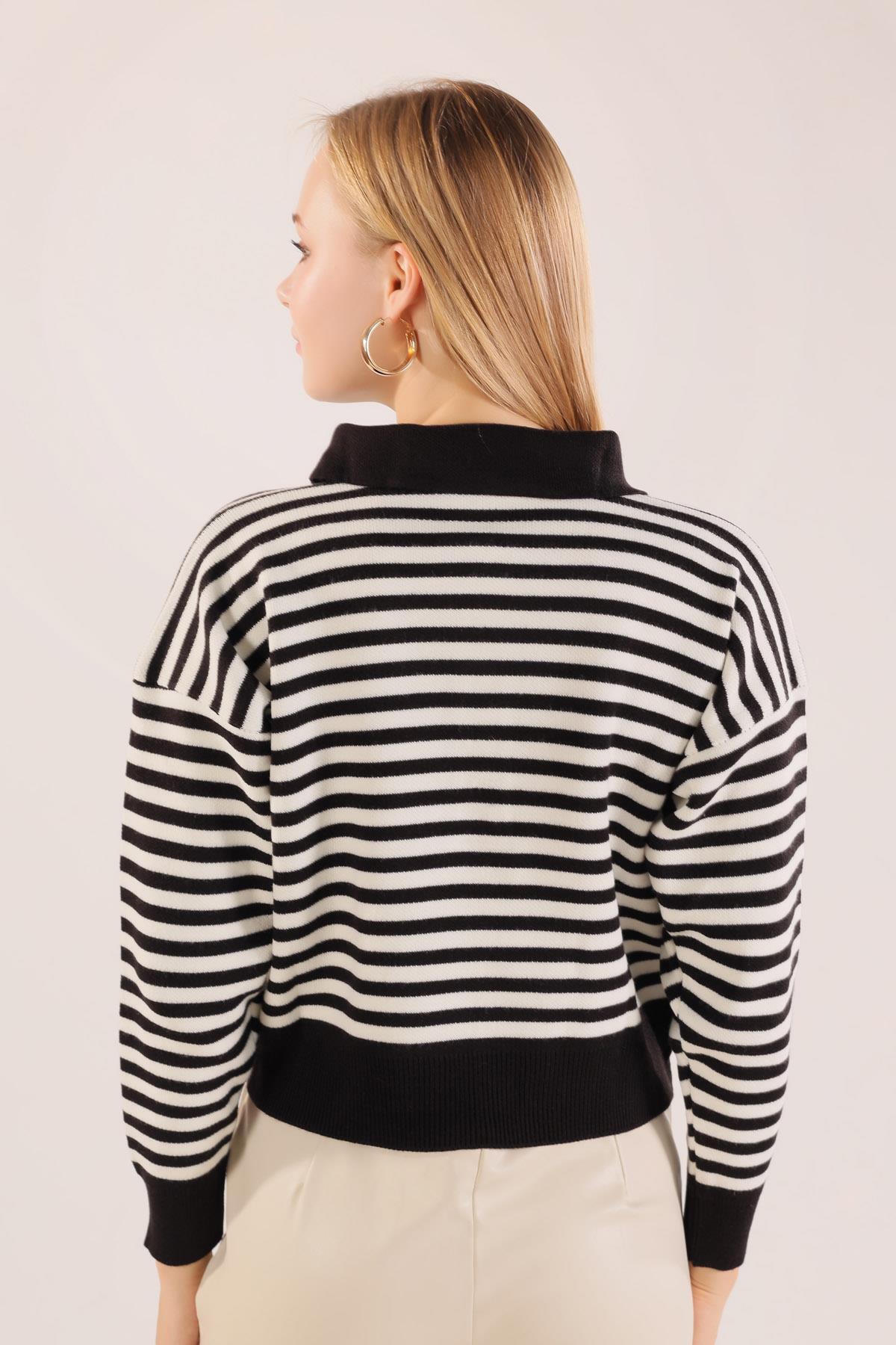 3016 Gömlek Yaka Düğmeli Kazak Siyah-Beyaz - 6