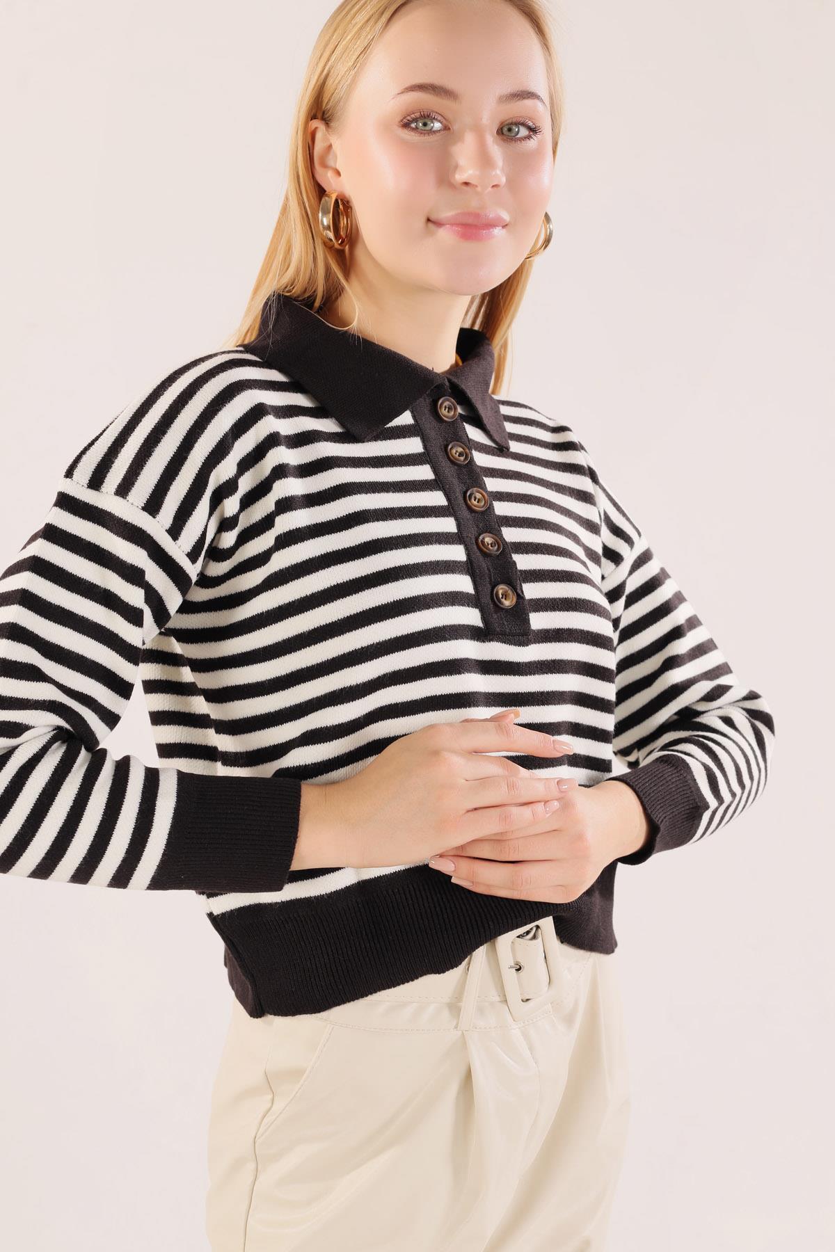 Siyah-Beyaz Gömlek Yaka Düğmeli Kazak 3016 