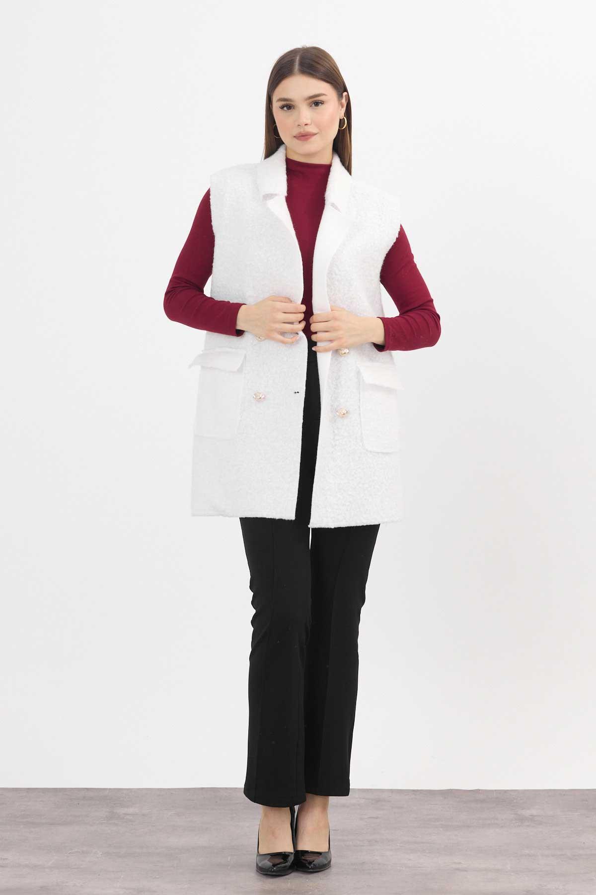 Ekru Düğme Detay Buklet Yelek 3016A - 2