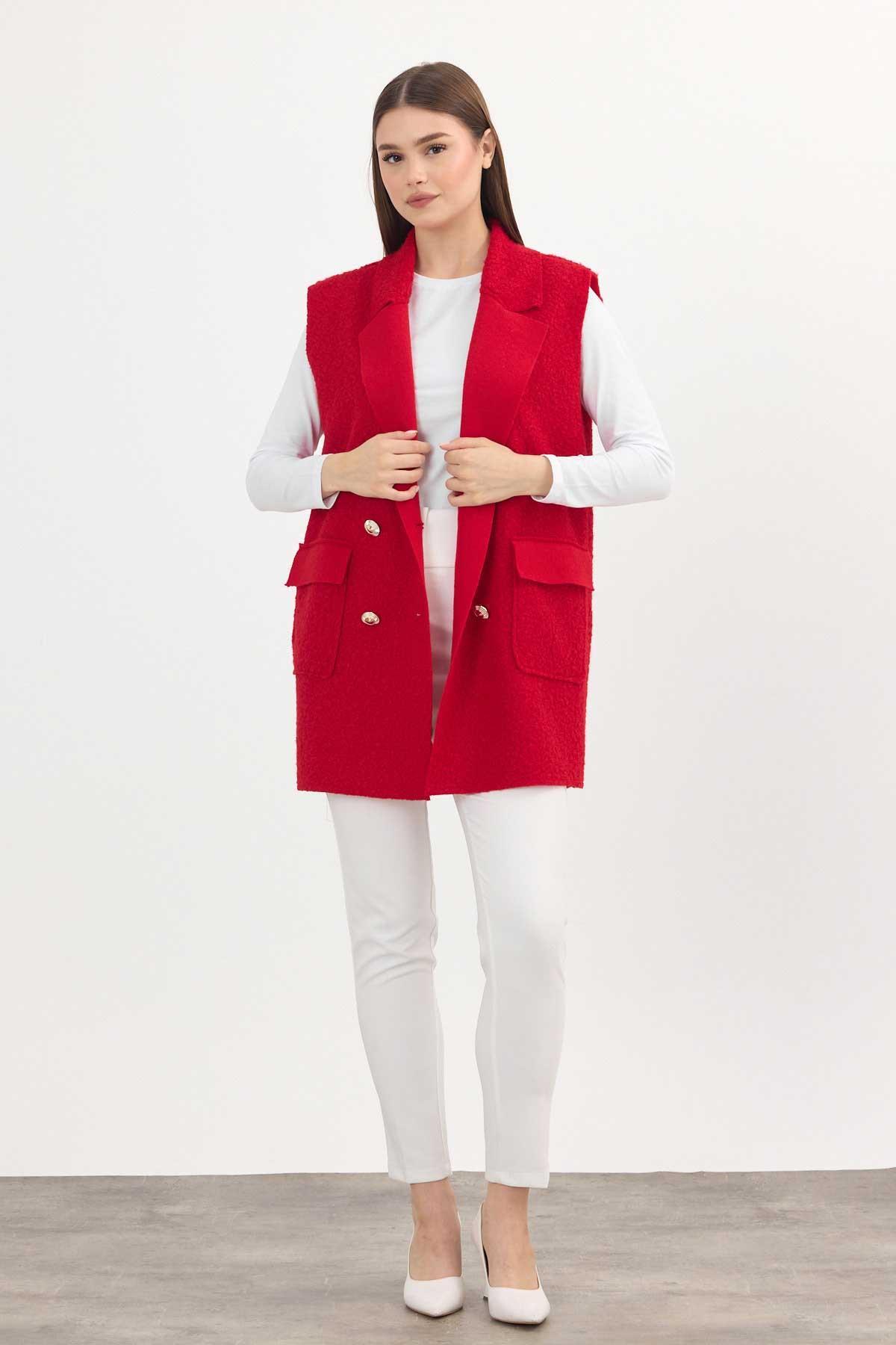 3016A Düğme Detay Buklet Yelek Kırmızı - 2