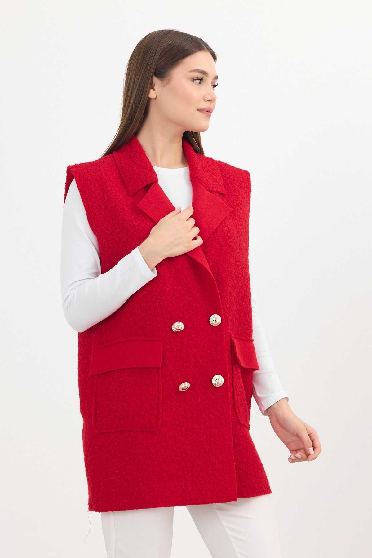 3016A Düğme Detay Buklet Yelek Kırmızı - 3