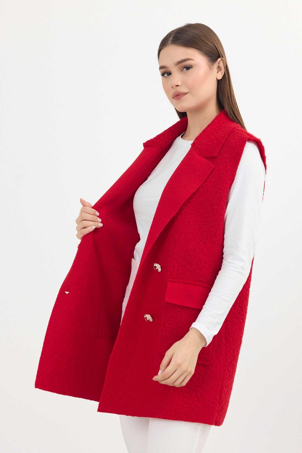 3016A Düğme Detay Buklet Yelek Kırmızı - RAYS