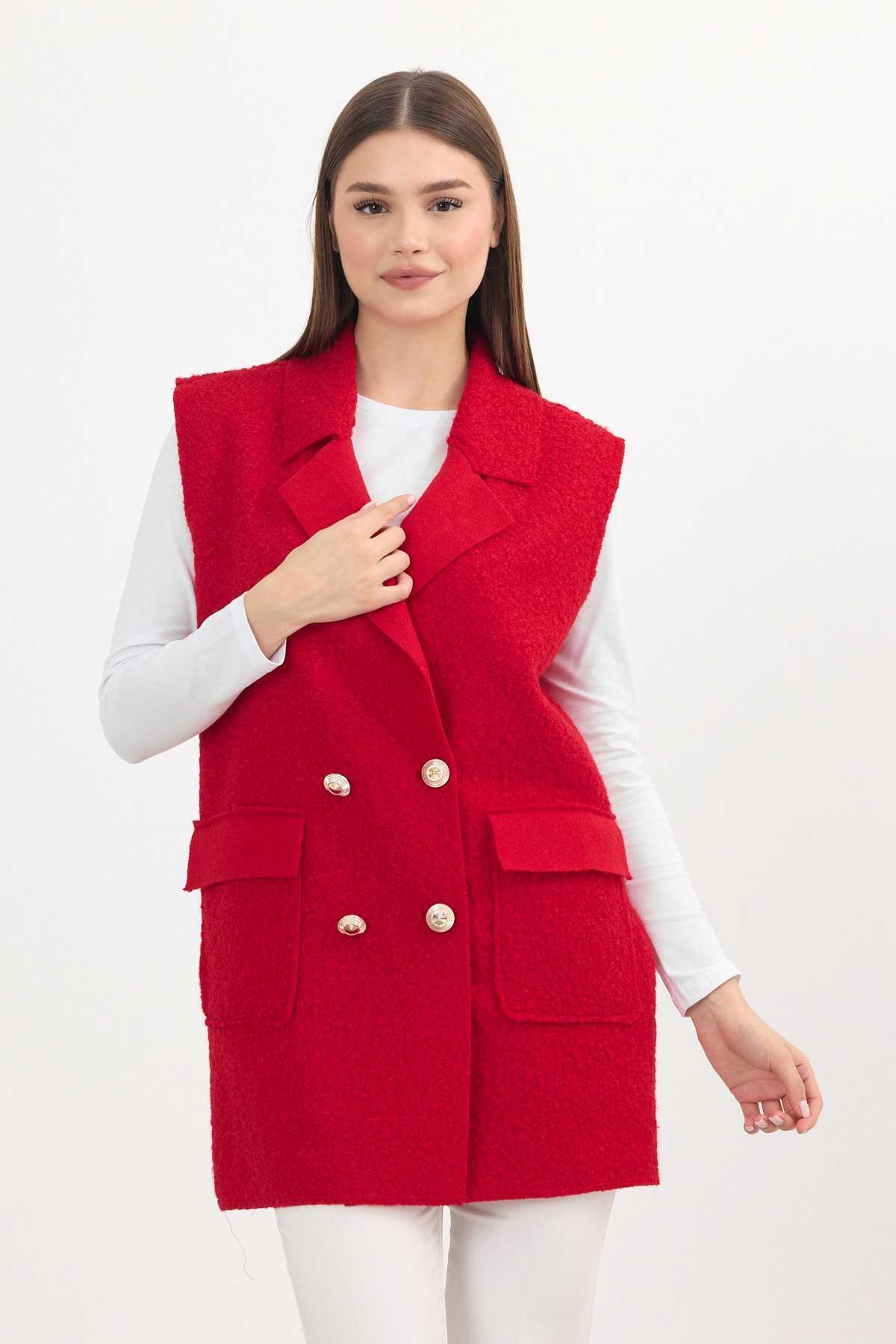 3016A Düğme Detay Buklet Yelek Kırmızı 