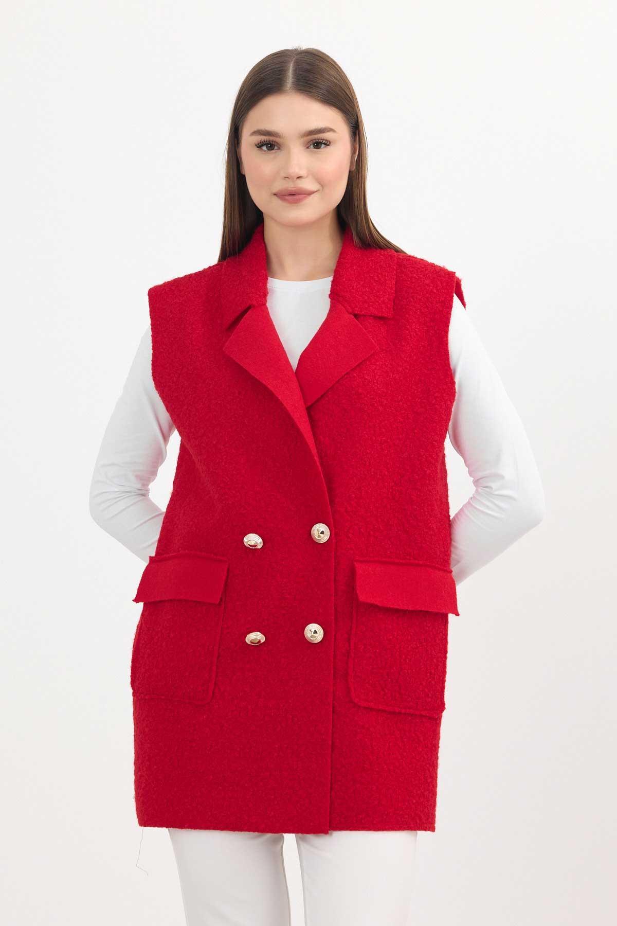 3016A Düğme Detay Buklet Yelek Kırmızı - 8