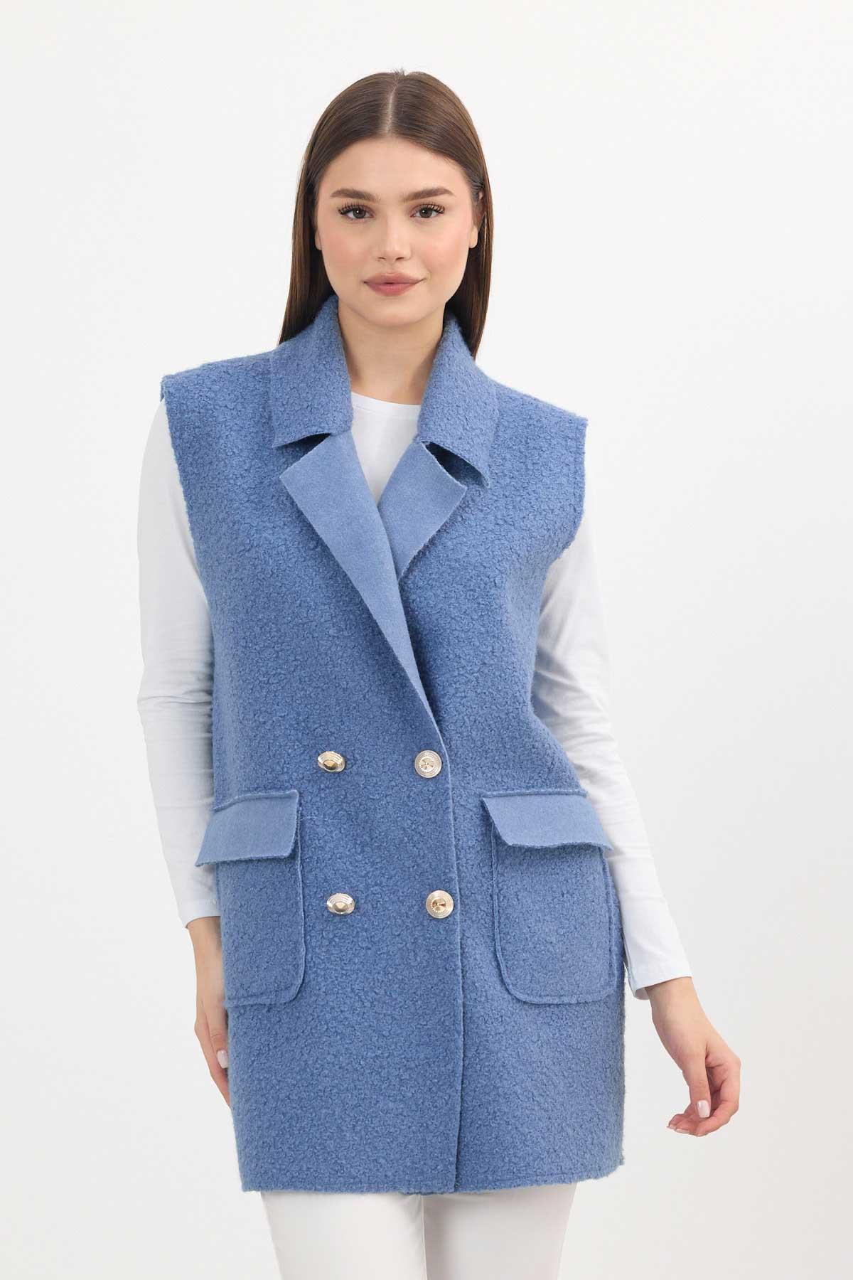 3016A Düğme Detay Buklet Yelek Mavi 