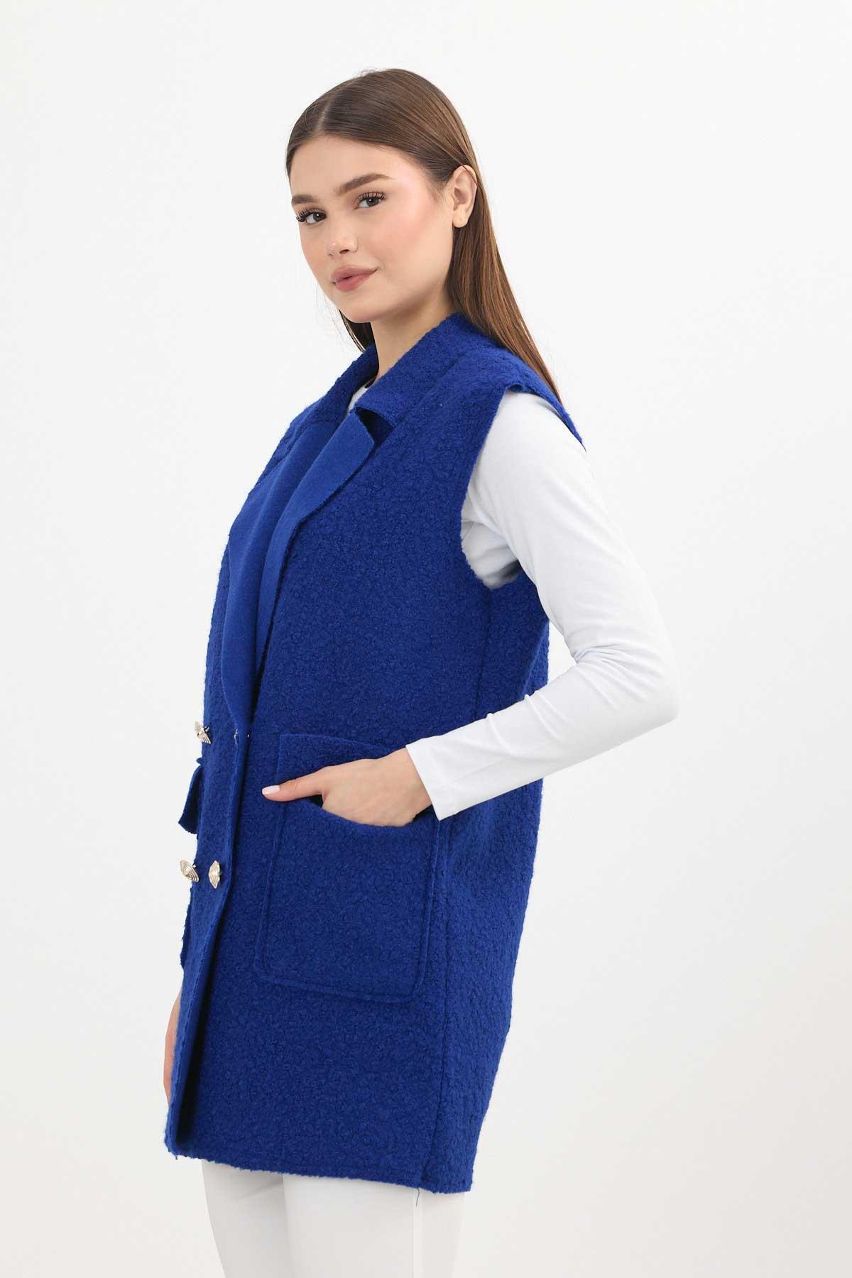 3016A Düğme Detay Buklet Yelek Saks - 7