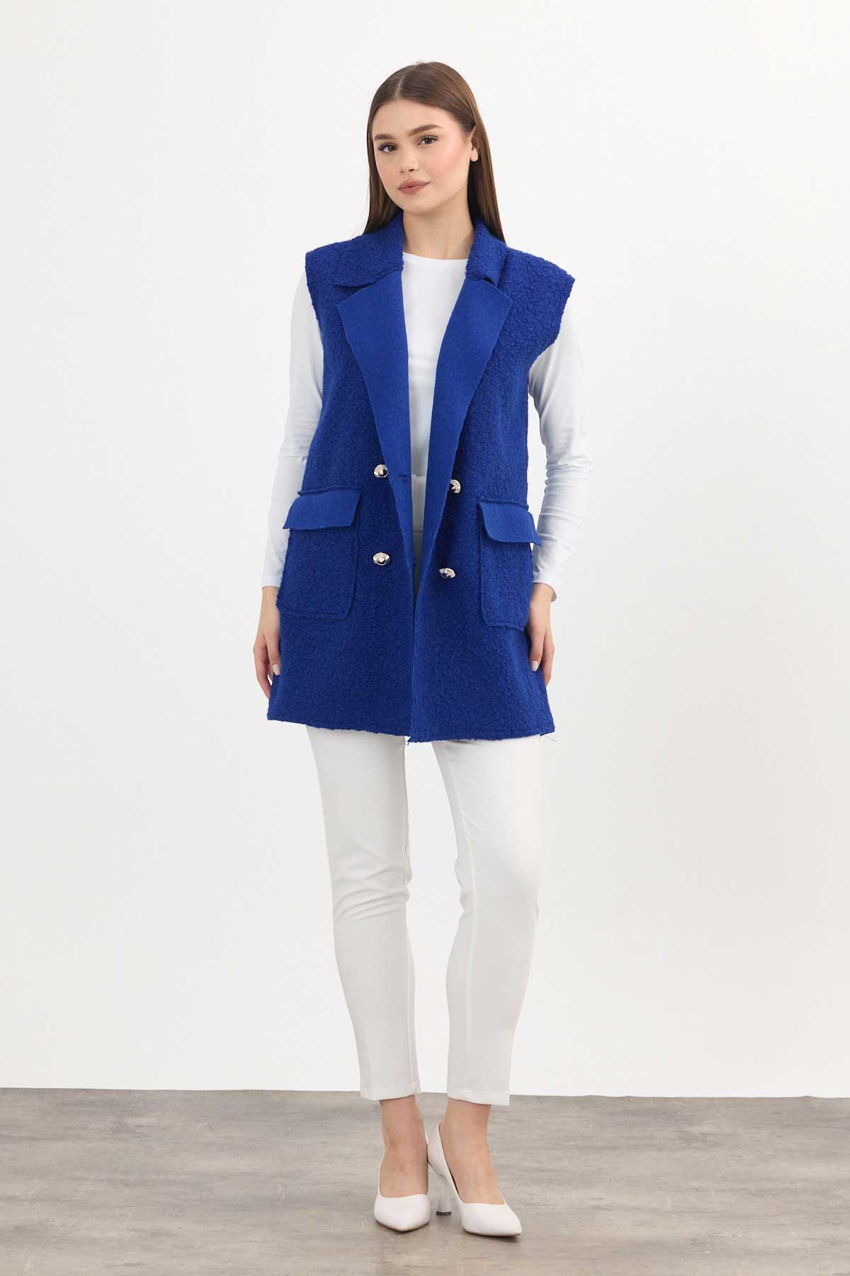 3016A Düğme Detay Buklet Yelek Saks - 2