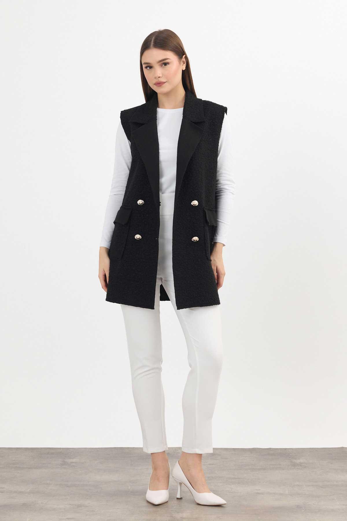 3016A Düğme Detay Buklet Yelek Siyah - 2