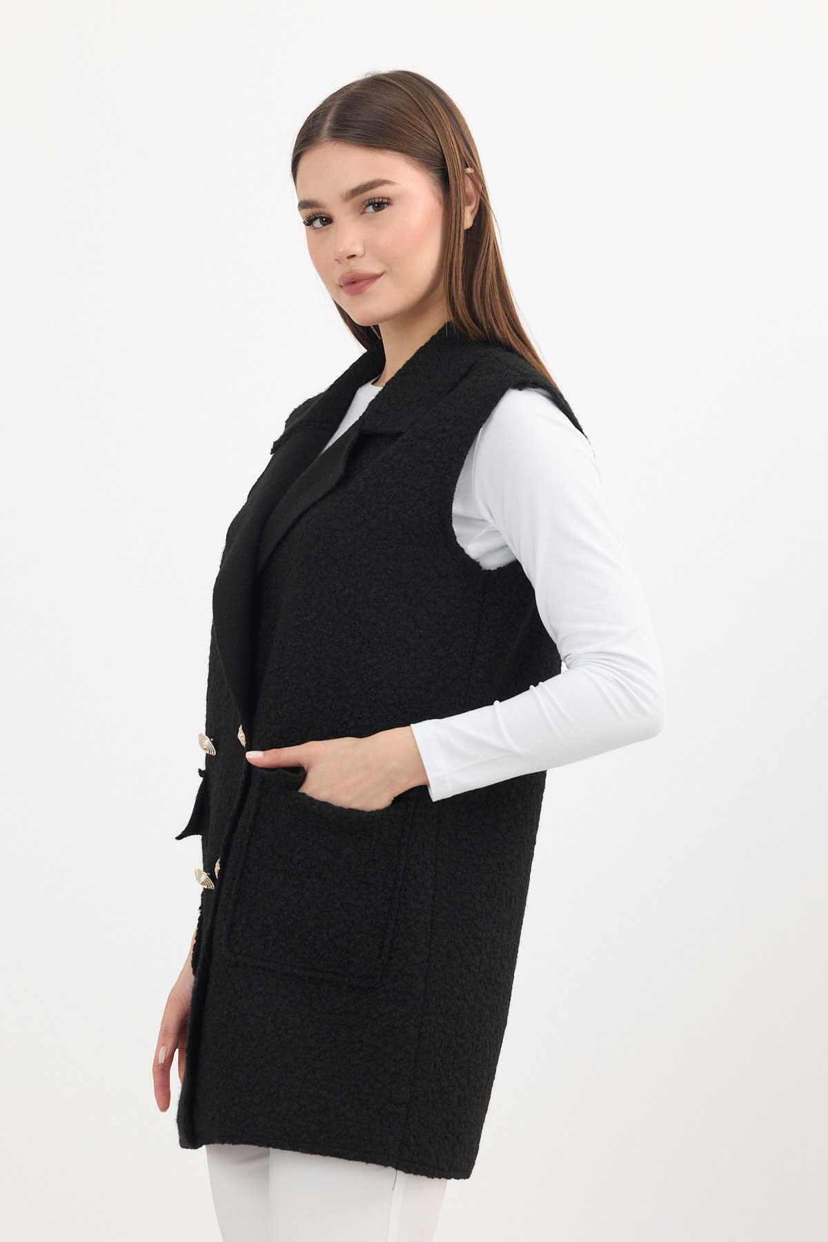 3016A Düğme Detay Buklet Yelek Siyah - 6