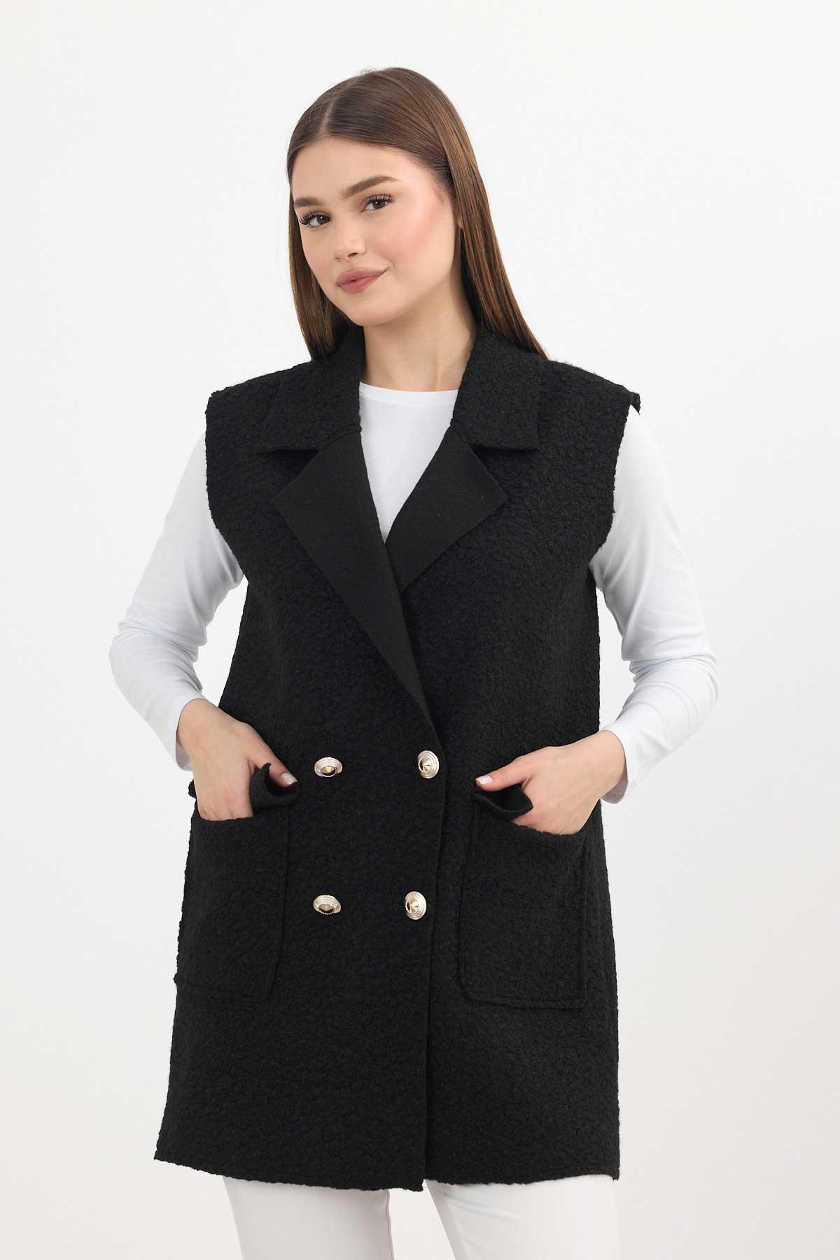 3016A Düğme Detay Buklet Yelek Siyah - 7