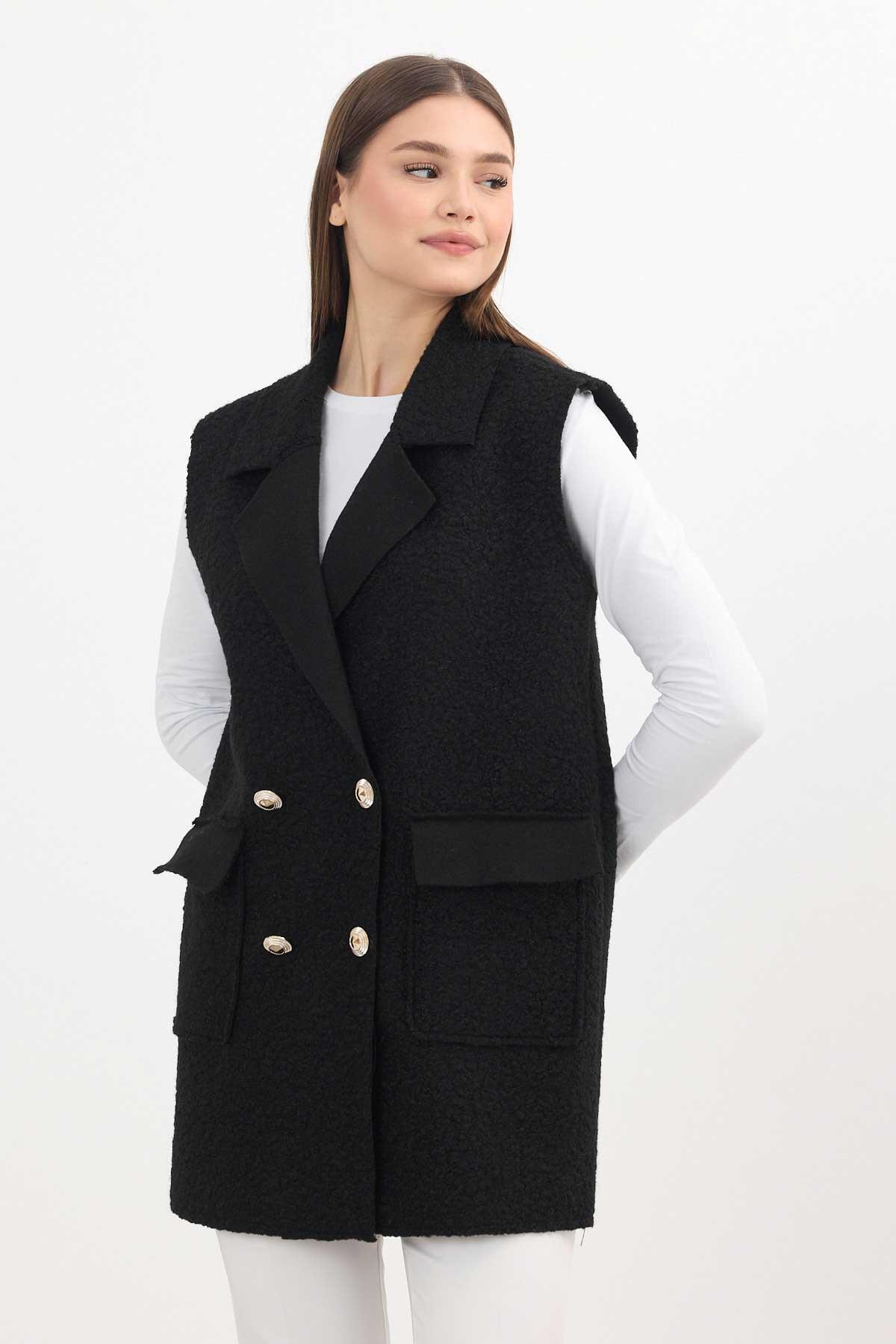 3016A Düğme Detay Buklet Yelek Siyah - 8
