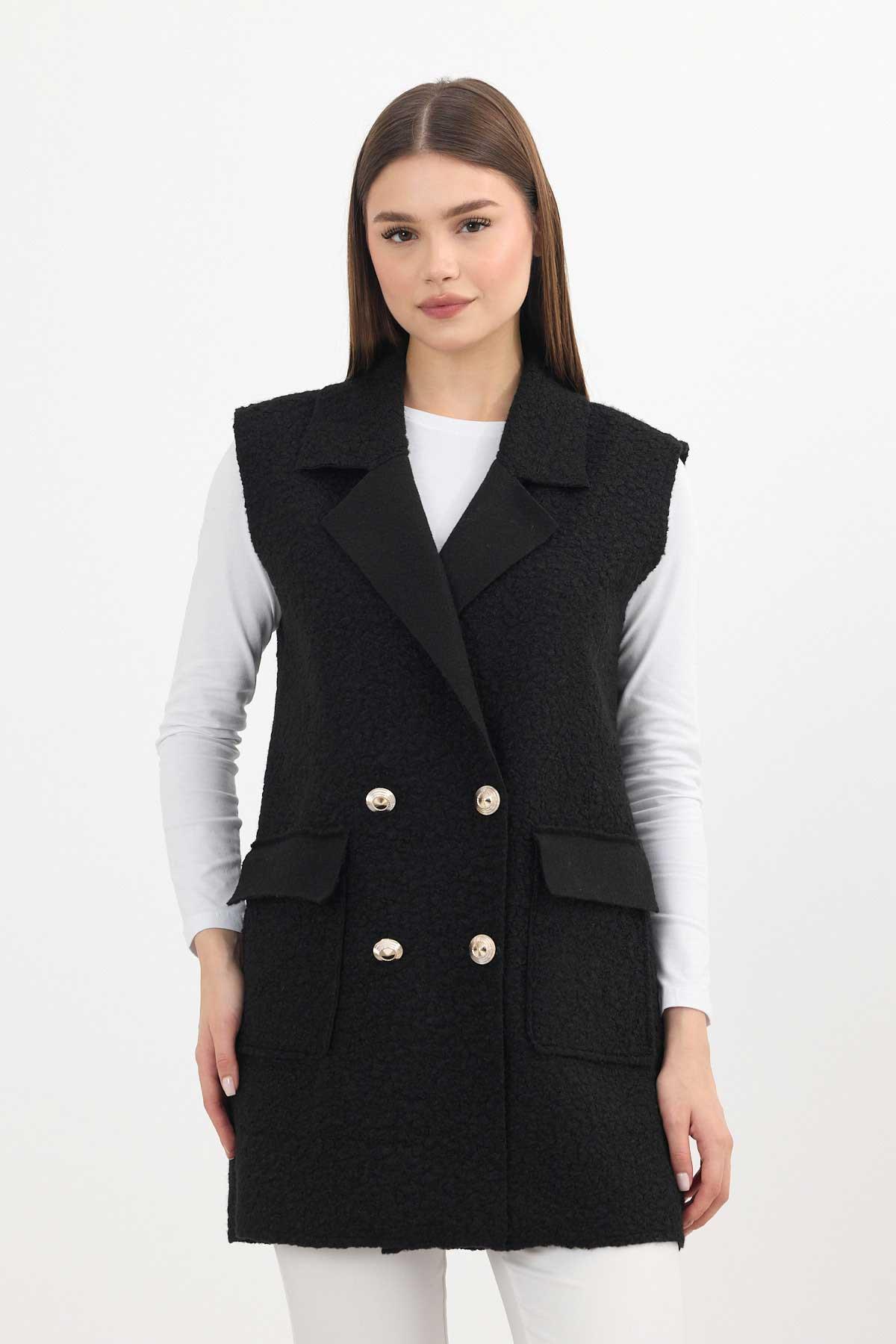3016A Düğme Detay Buklet Yelek Siyah 