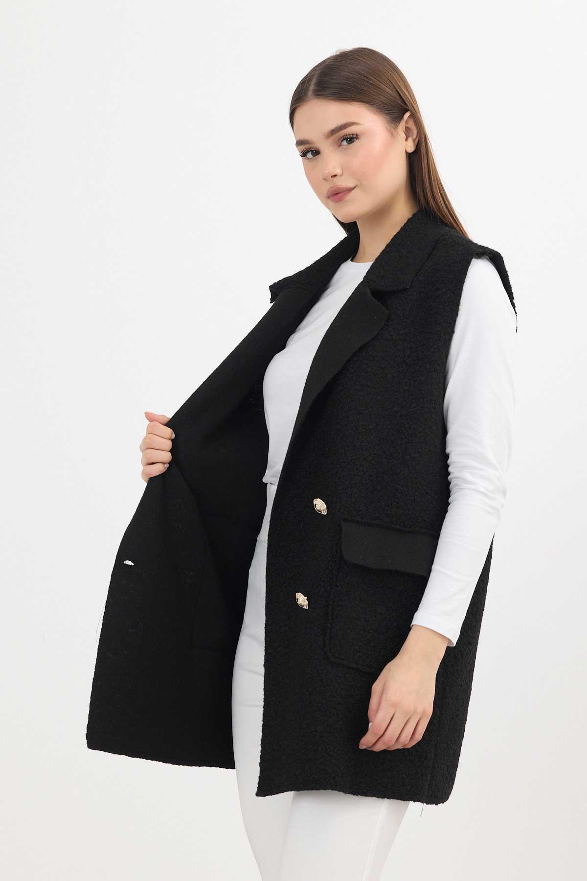 3016A Düğme Detay Buklet Yelek Siyah - 4