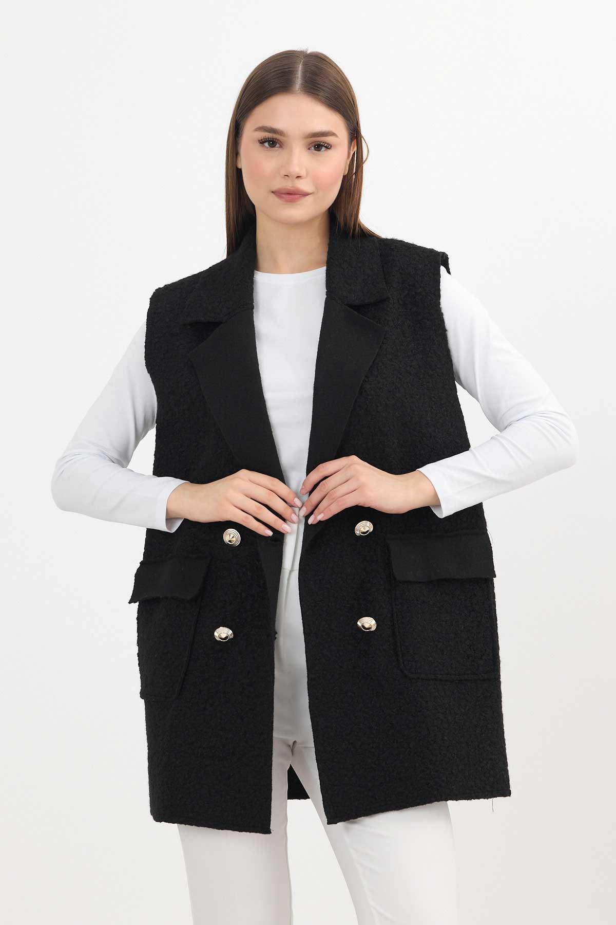 Siyah Düğme Detay Buklet Yelek 3016A - 3