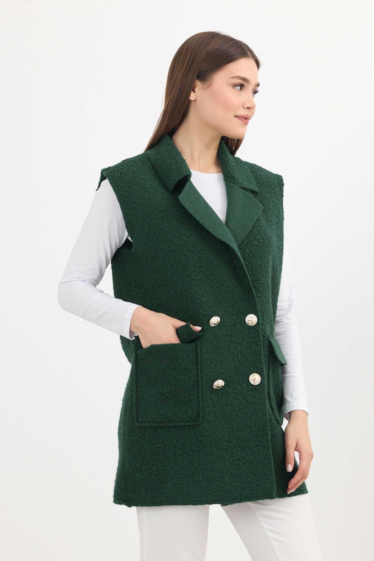 3016A Düğme Detay Buklet Yelek Zümrüt - 3