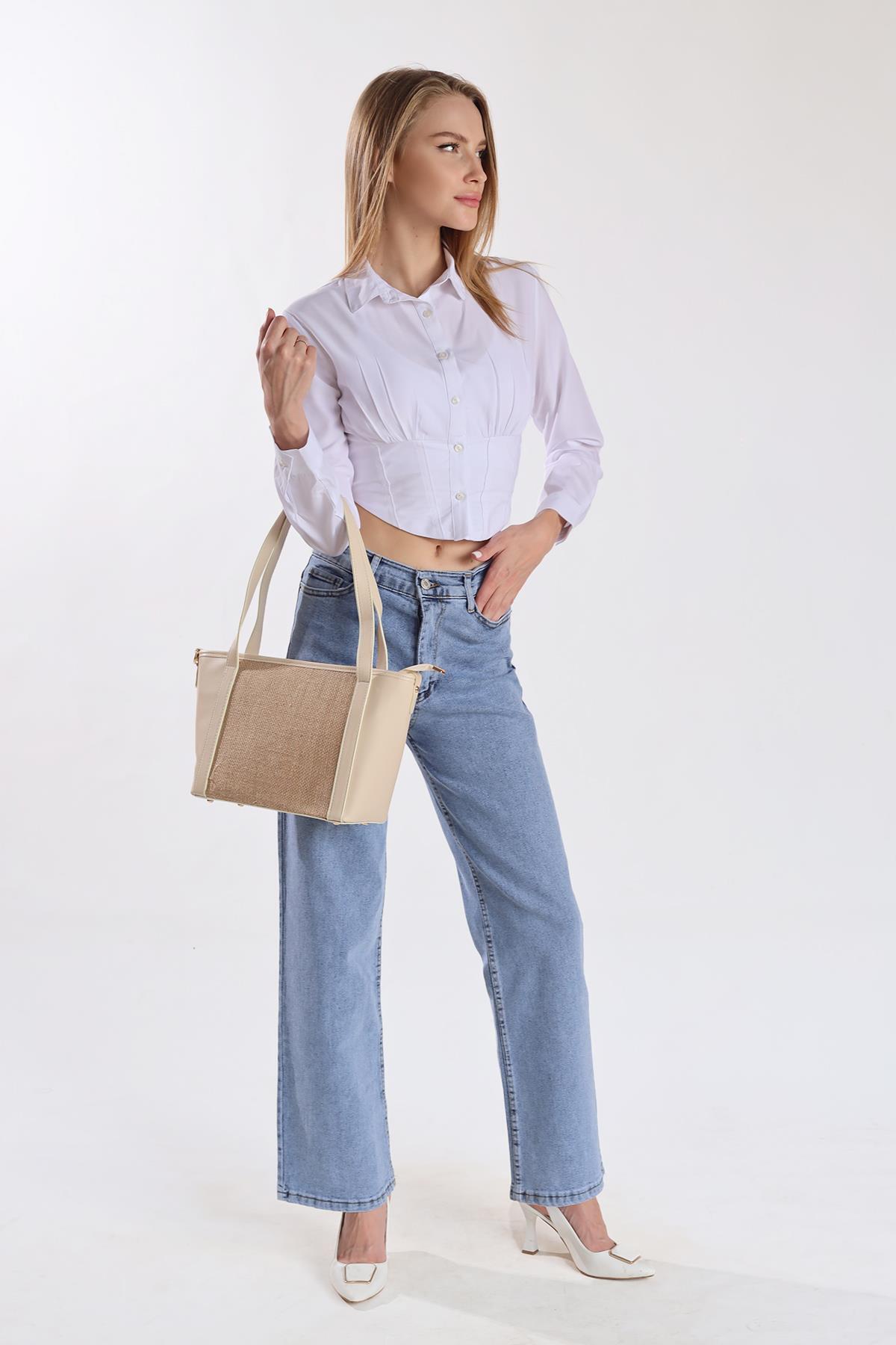 Krem Gövde Hasır Çanta 3017 - 2