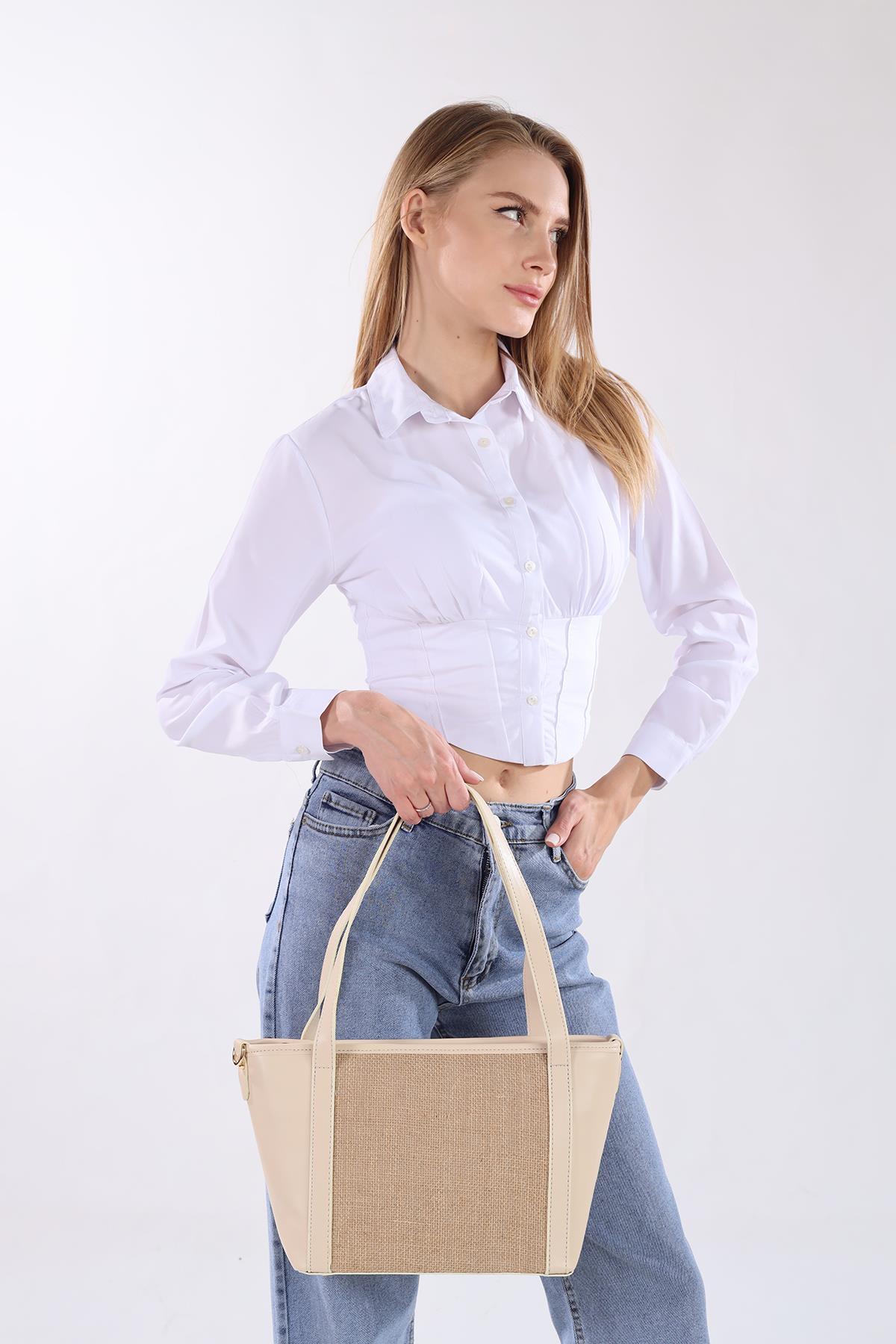 Krem Gövde Hasır Çanta 3017 - 4