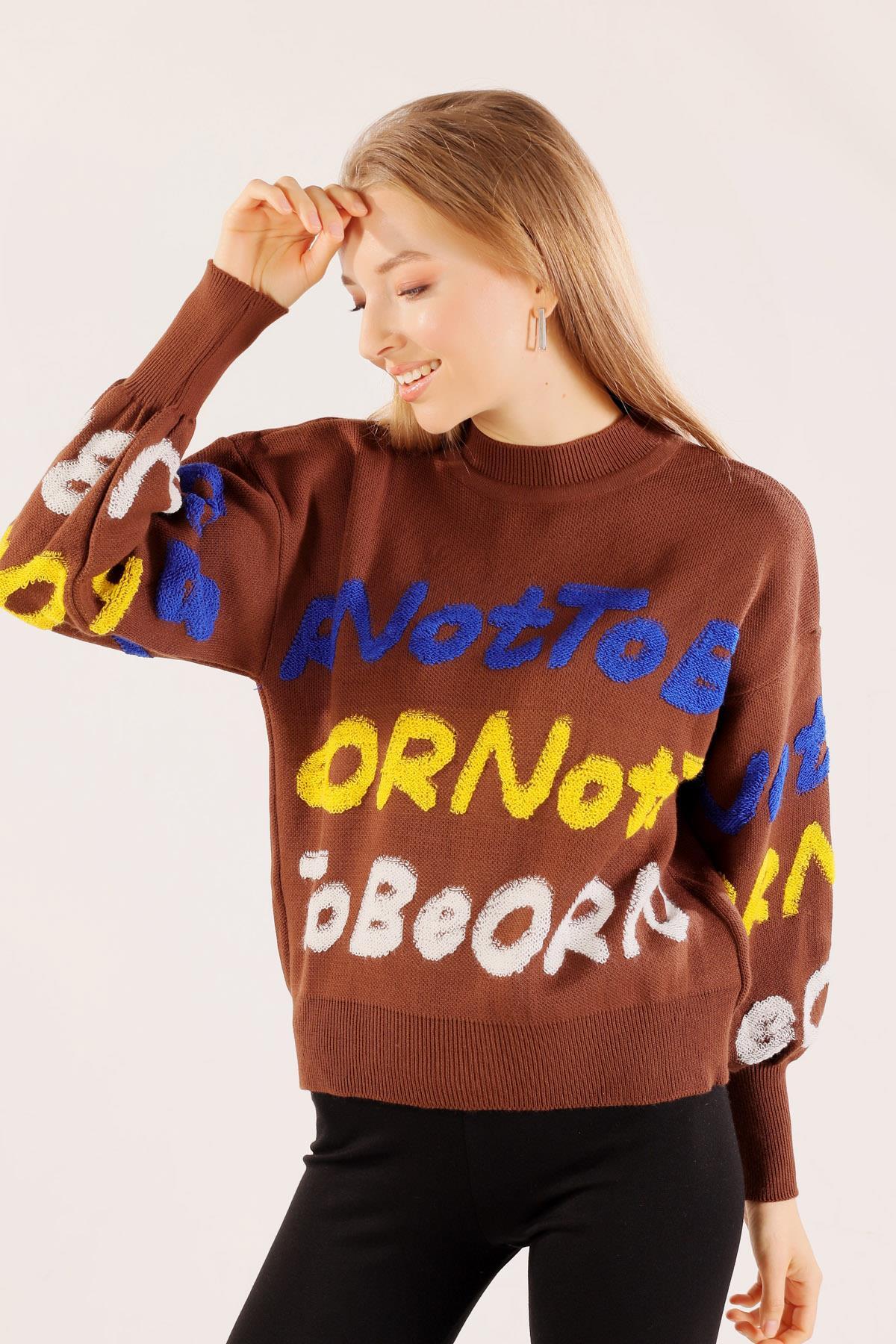 3017 Yazı Baskılı Kazak Kahve - 4