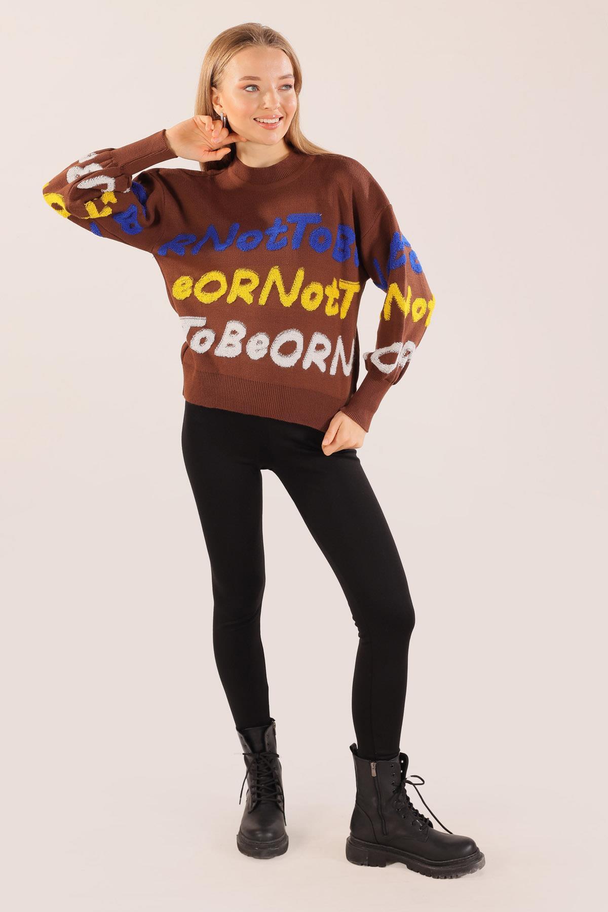 3017 Yazı Baskılı Kazak Kahve - 7