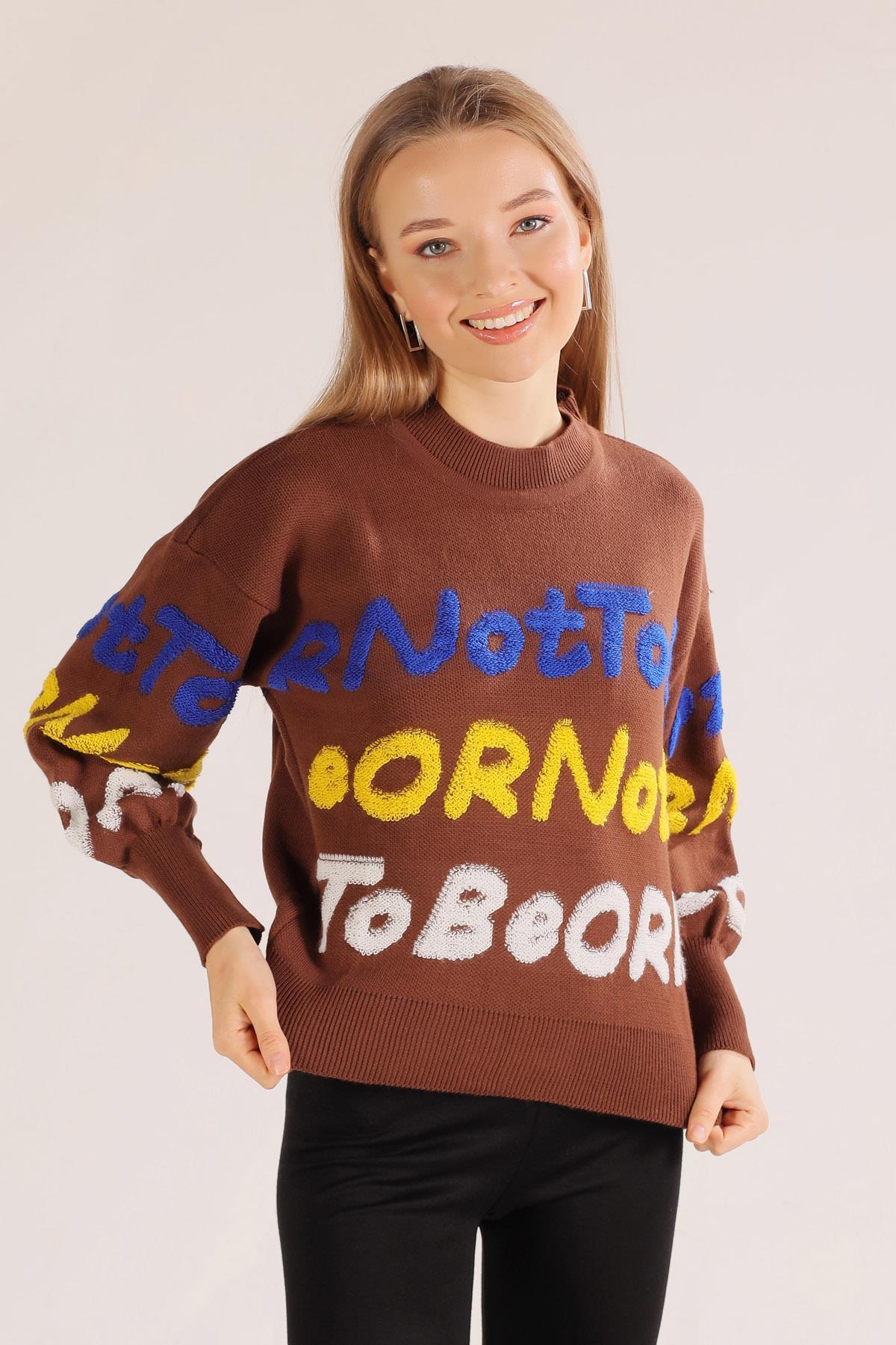 Kahve Yazı Baskılı Kazak 3017 - 1