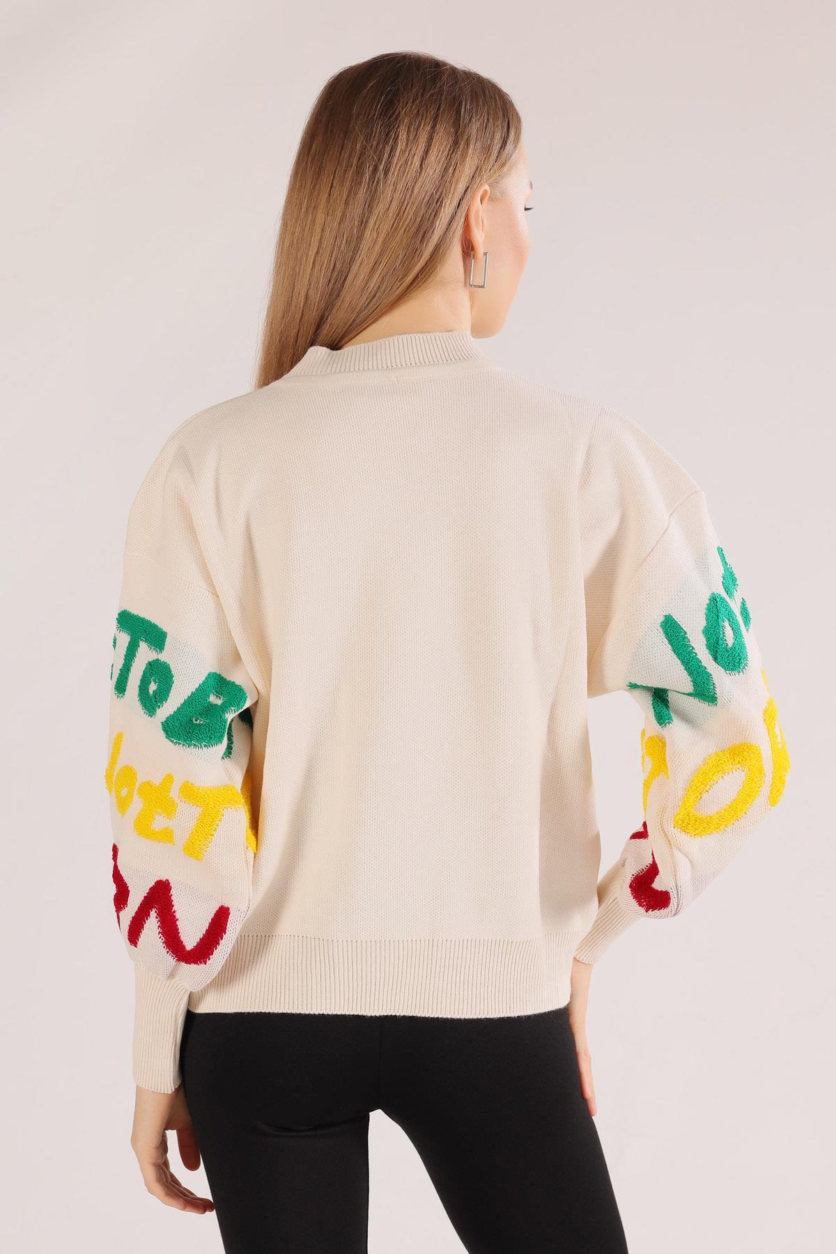 3017 Yazı Baskılı Kazak Krem - 7