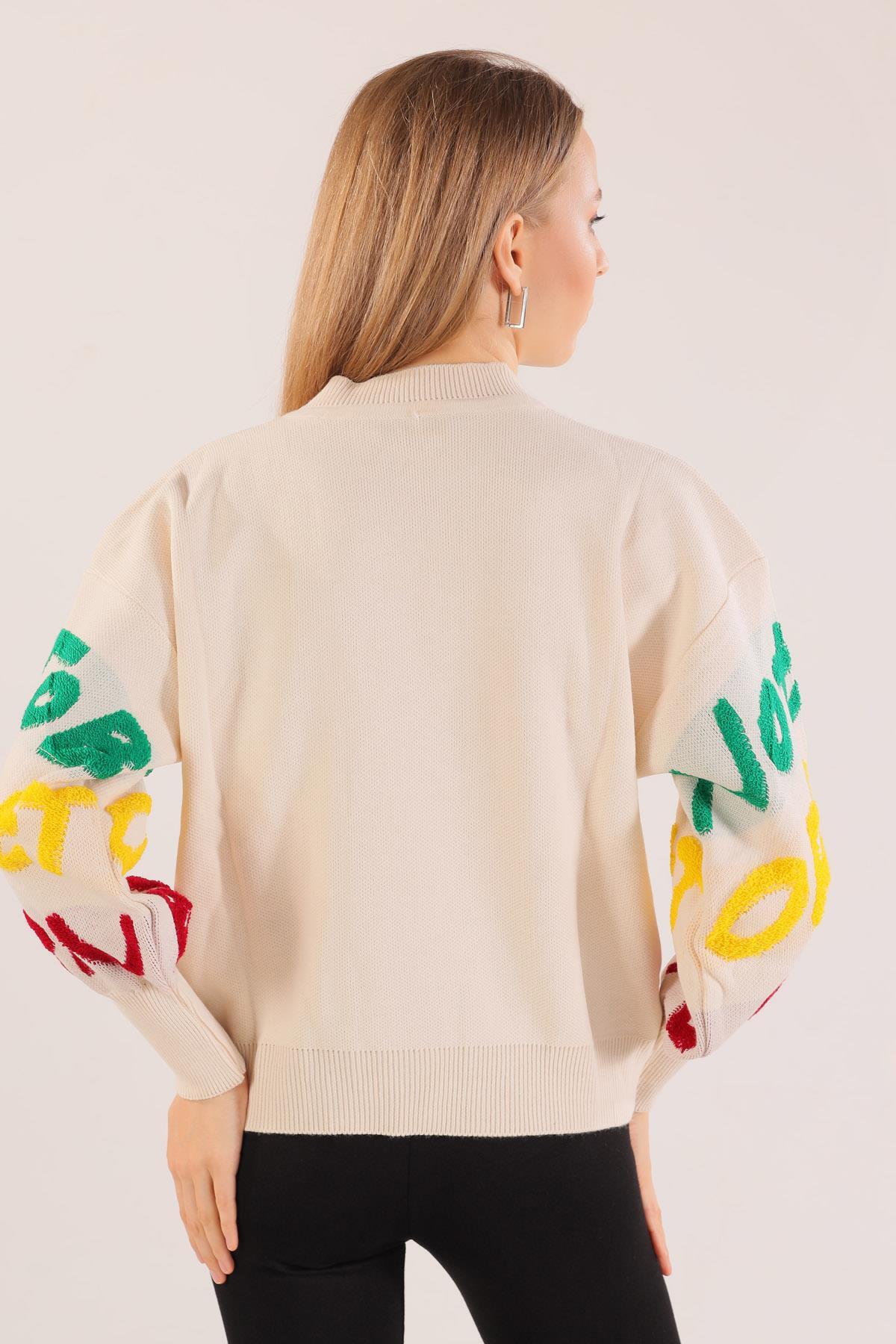 3017 Yazı Baskılı Kazak Krem - 8