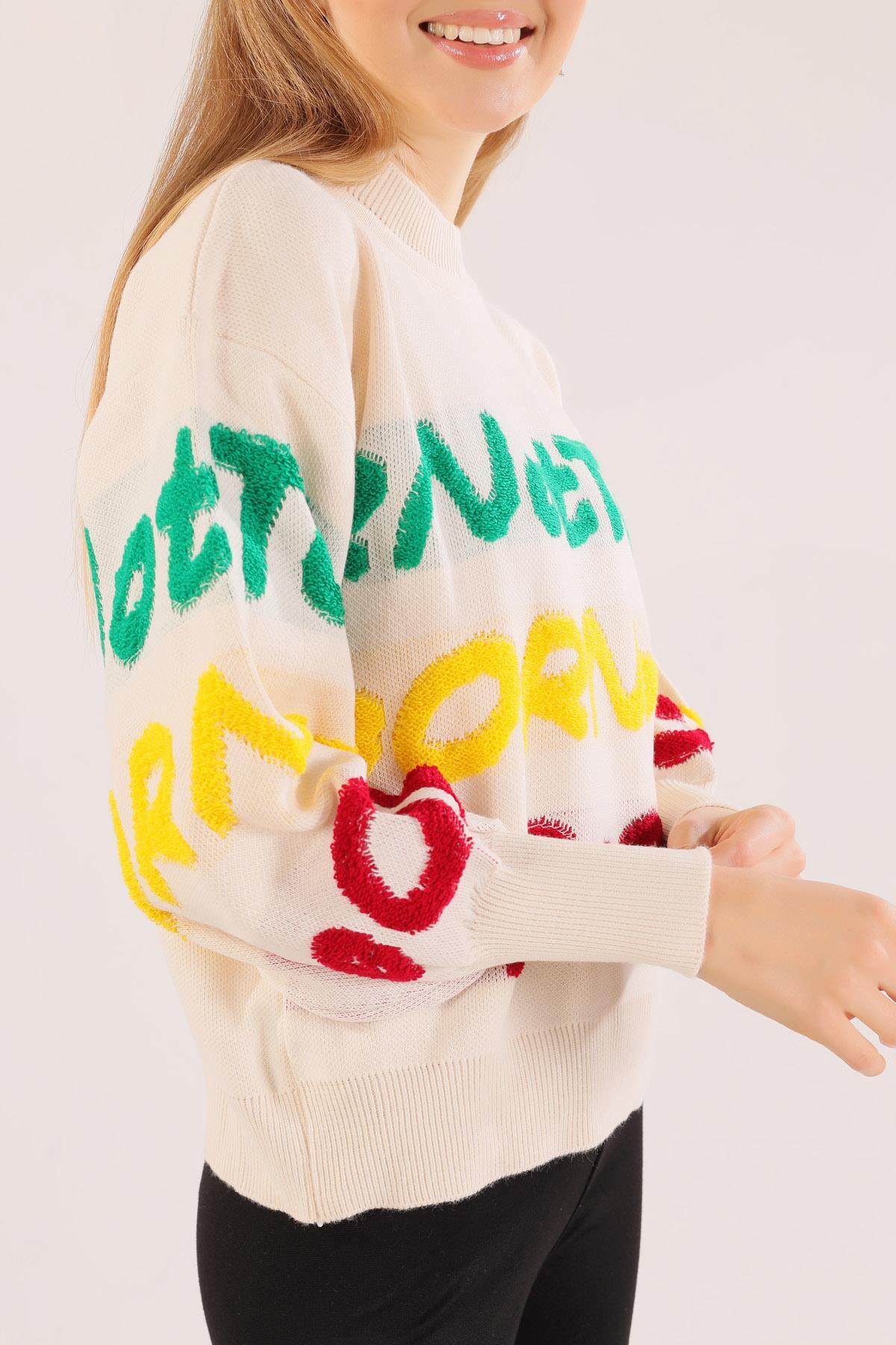 3017 Yazı Baskılı Kazak Krem - 5