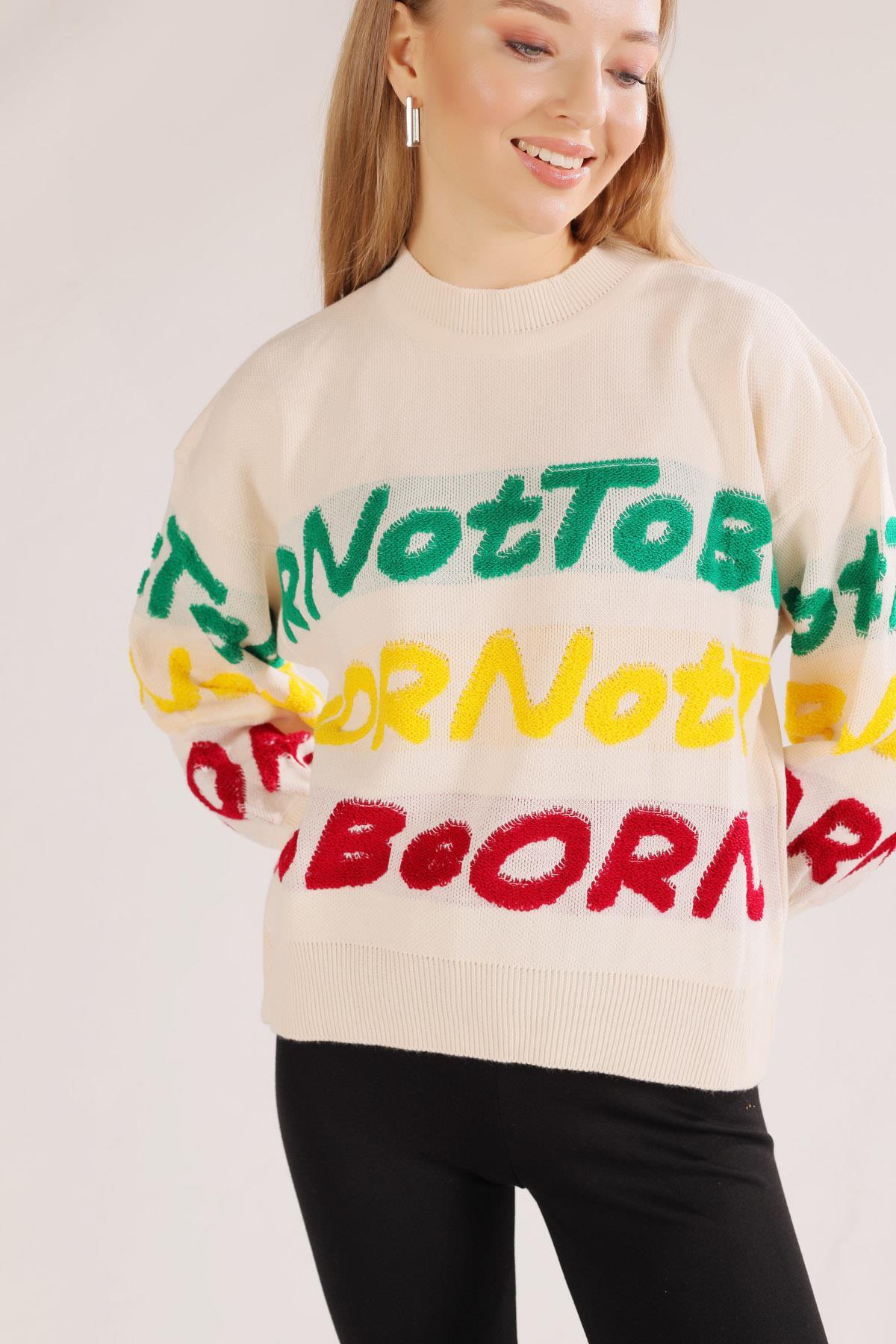 Krem Yazı Baskılı Kazak 3017 - 1