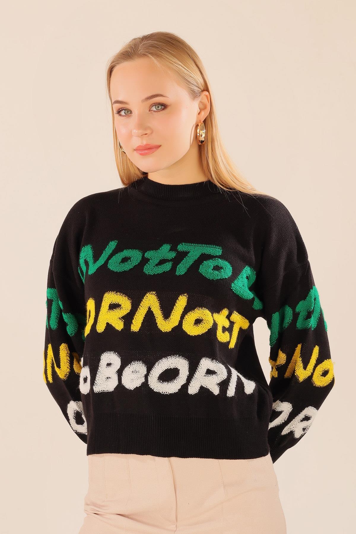 3017 Yazı Baskılı Kazak Siyah 